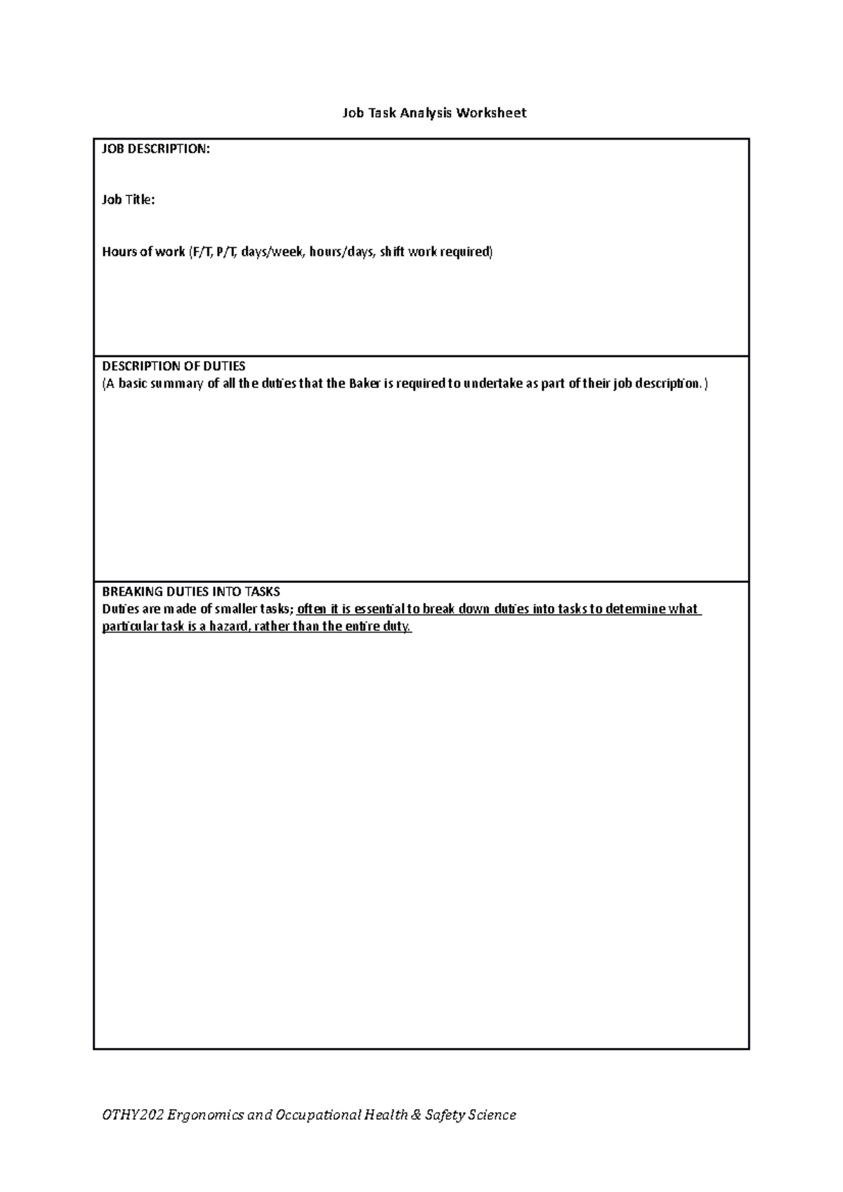 Job Task Analysis Worksheet - ) BREAKING DUTIES INTO TASKS Duties are ...