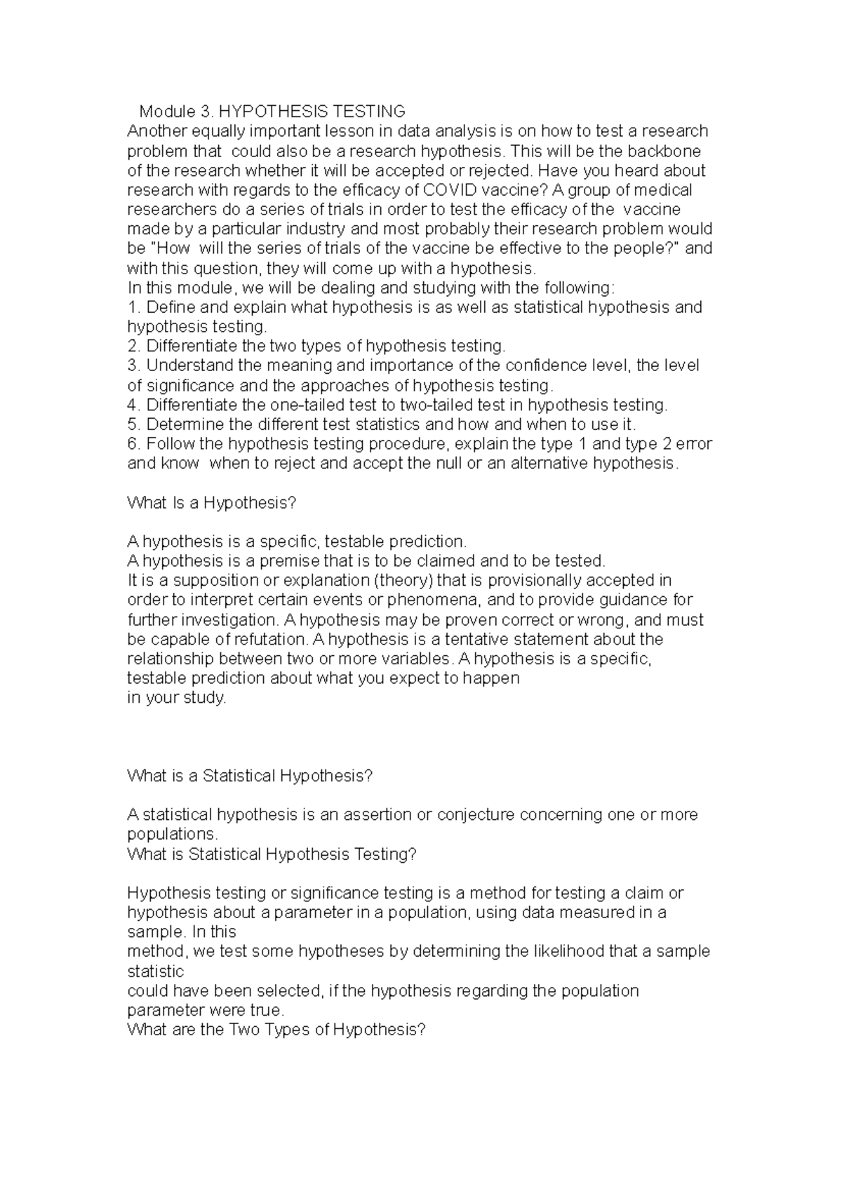 Hyphothesis testing - A hypothesis is a premise that is to be claimed ...
