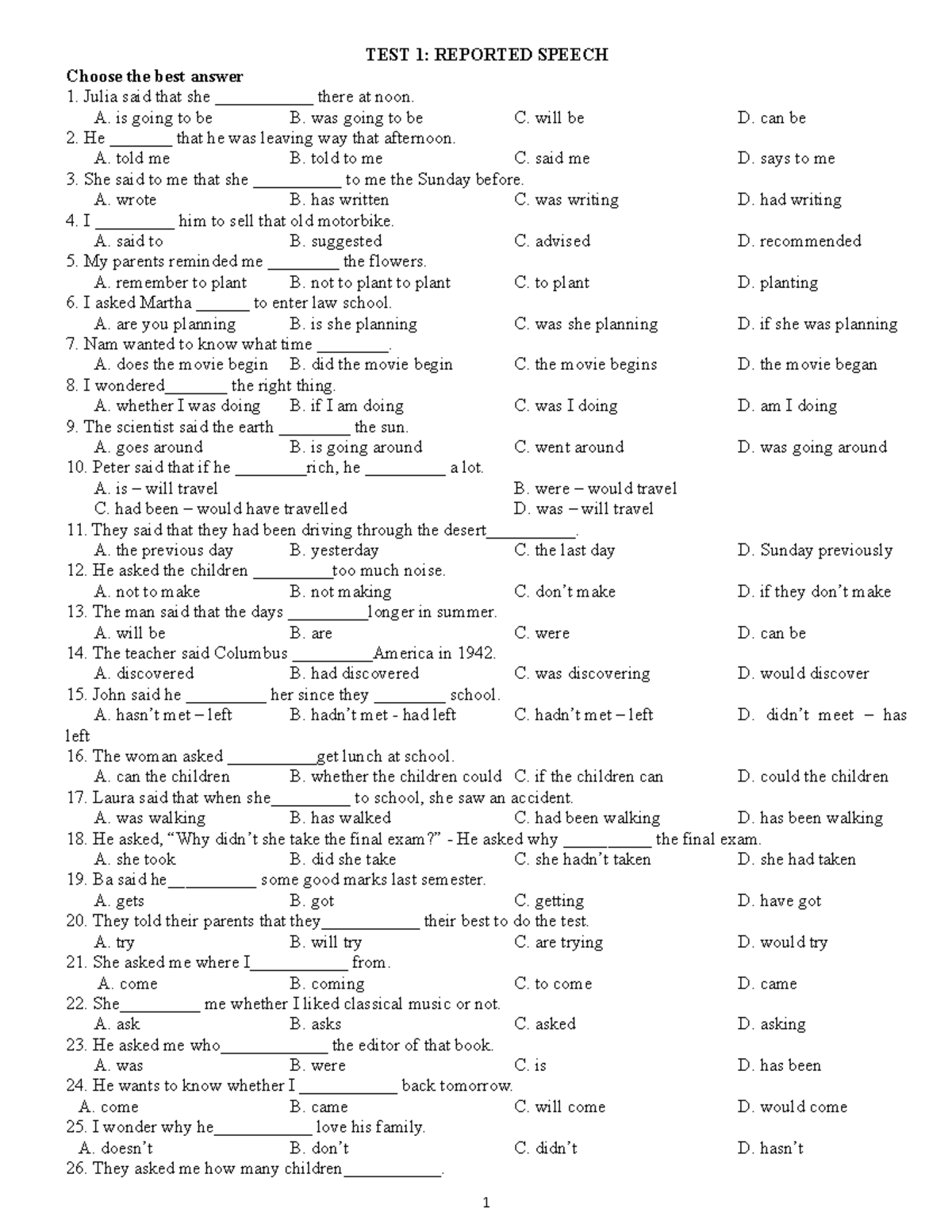 TEST 1 Reportted Speech - TEST 1: REPORTED SPEECH Choose the best ...