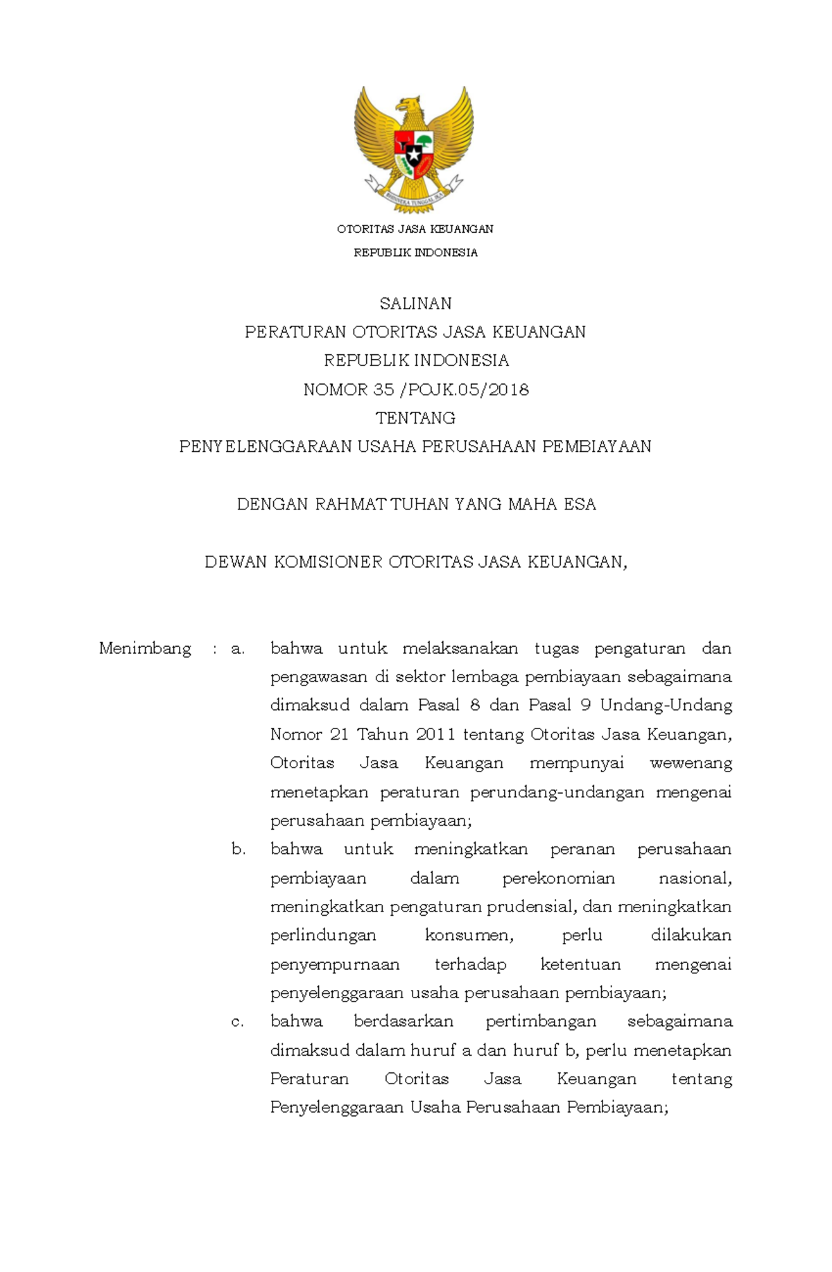 Pojk 35-2018 Perusahaan Pembiayaan - OTORITAS JASA KEUANGAN REPUBLIK