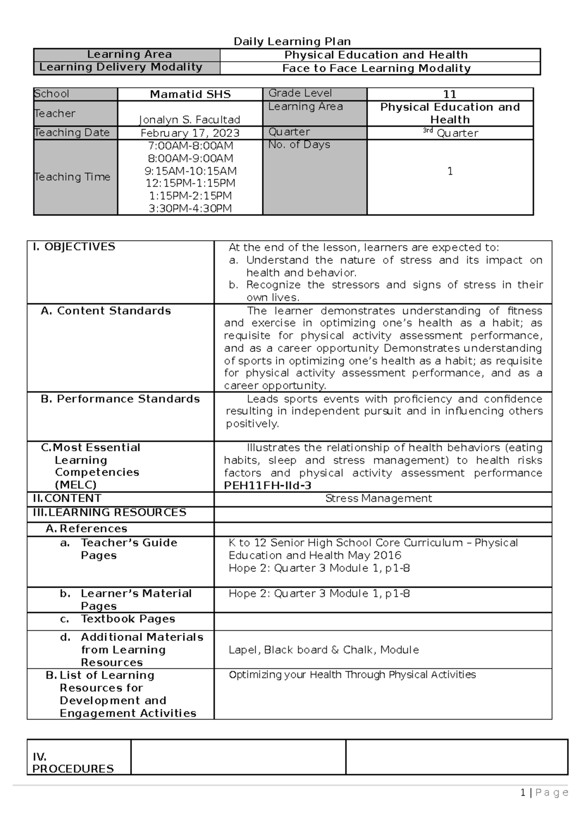 DLP-PE-11 Week 1 - Learning Plan - Daily Learning Plan Learning Area ...