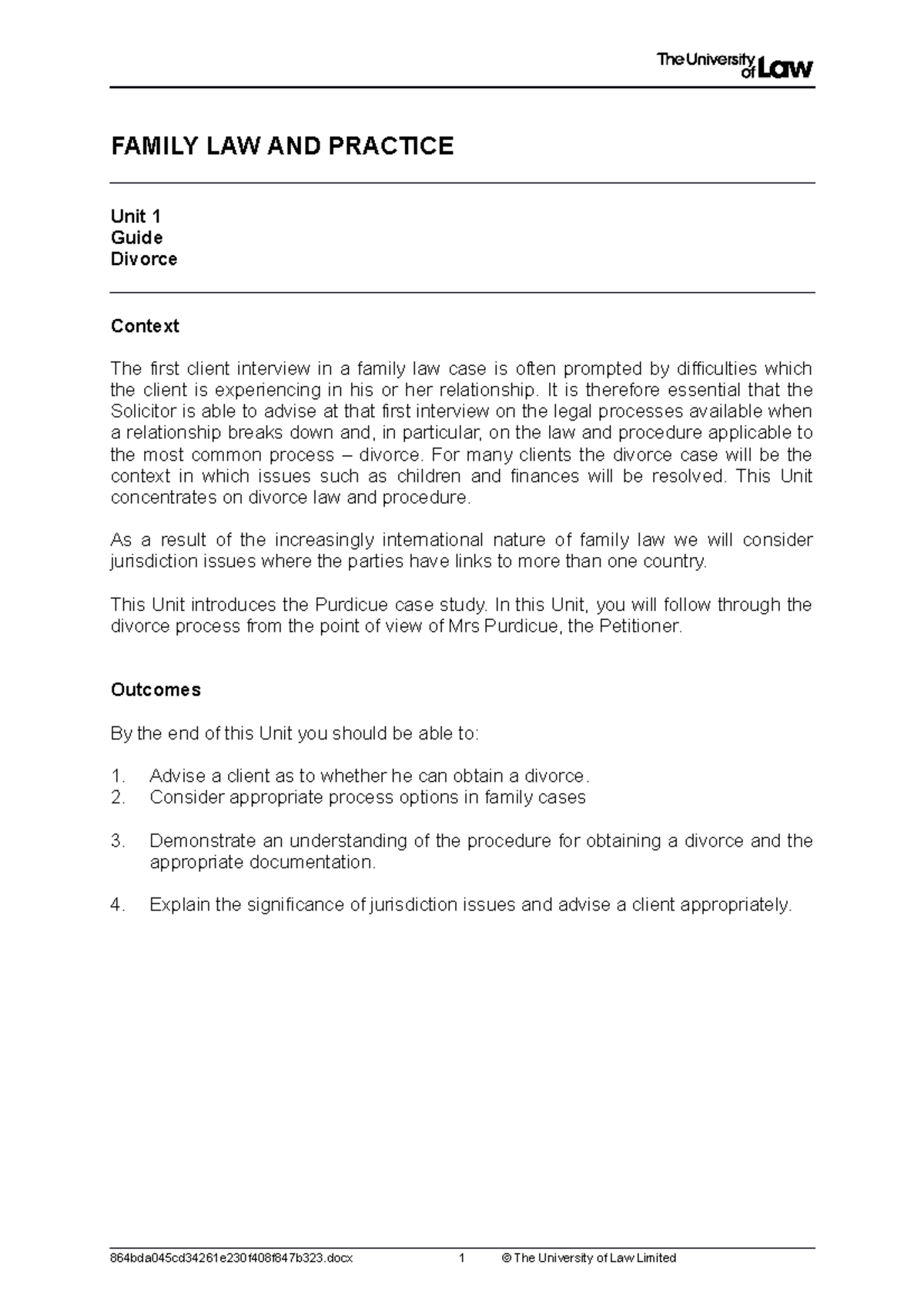 2223 fam ws01 ce01 guide FAMILY LAW AND PRACTICE Unit 1 Guide Divorce