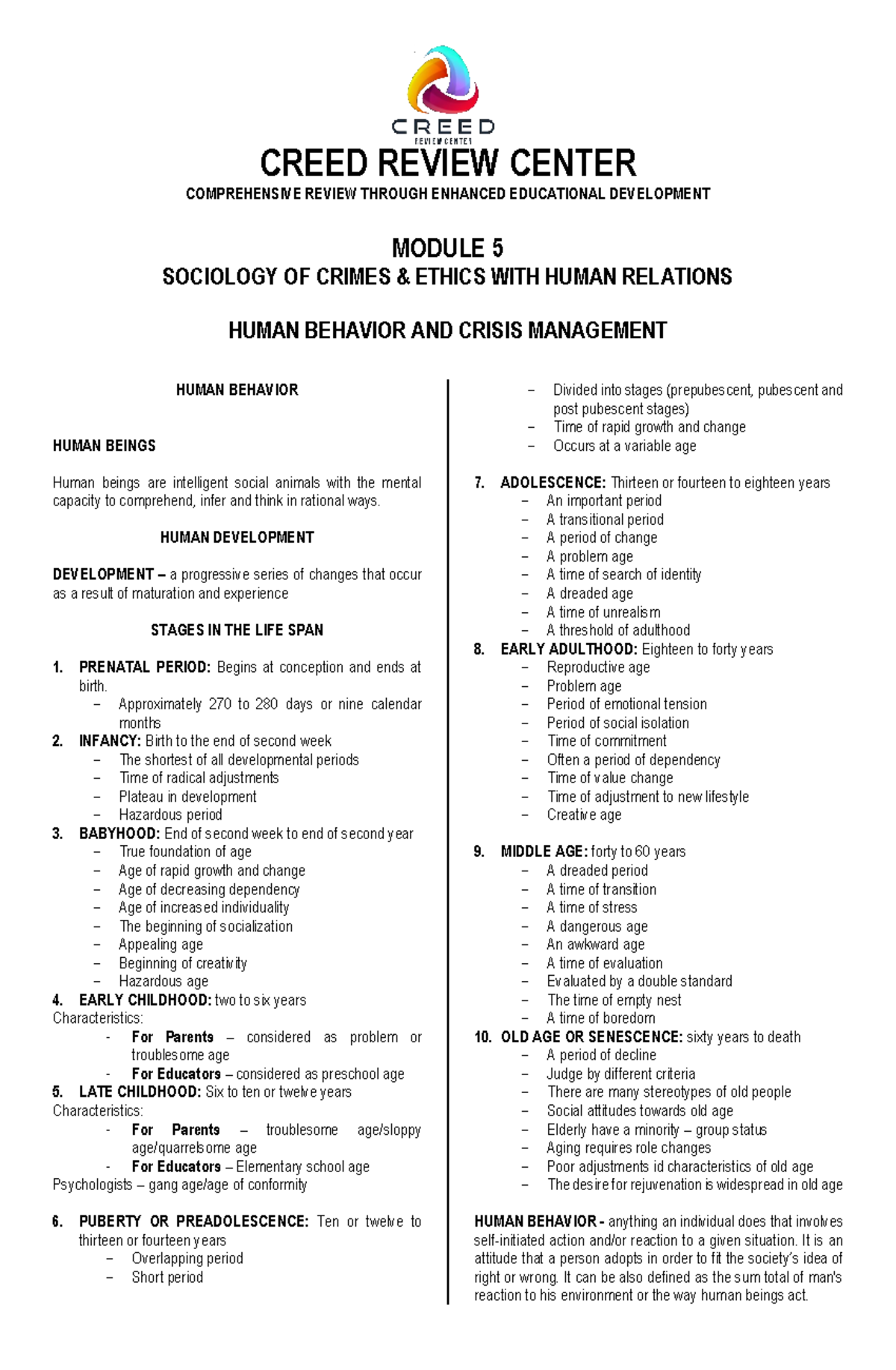 Human Behavior Creed - CREED REVIEW CENTER COMPREHENSIVE REVIEW THROUGH ...