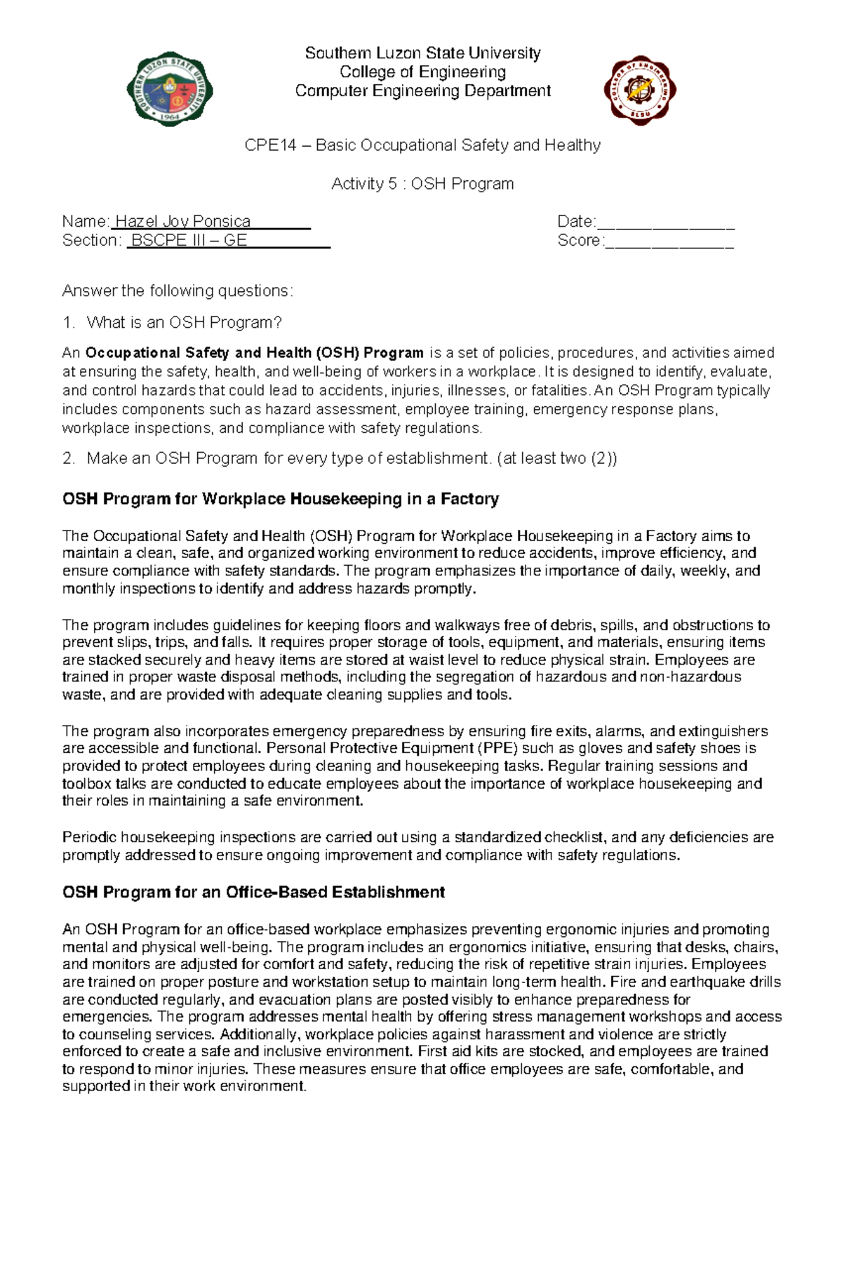 Assignment OSHProgram - Southern Luzon State University College of ...