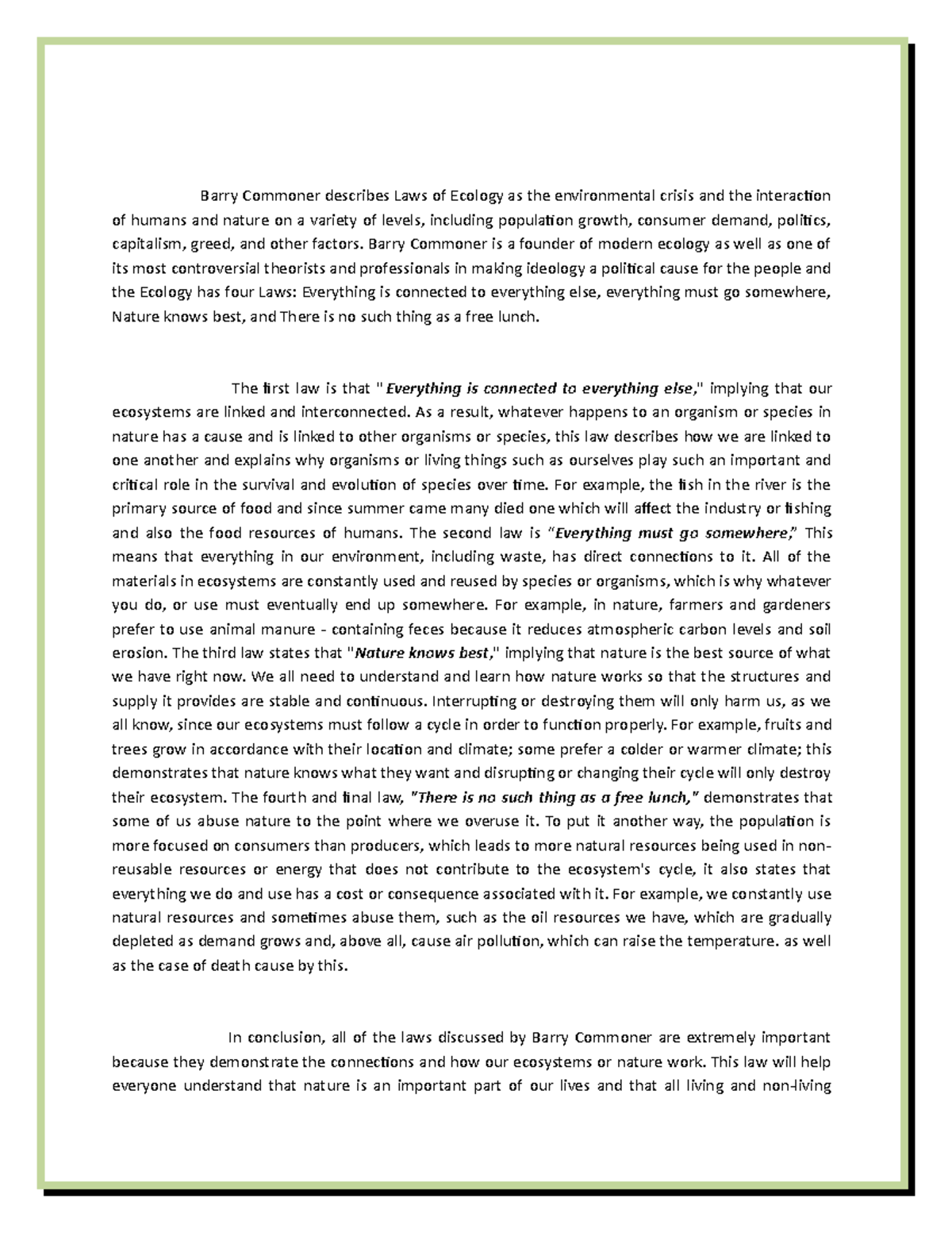 LAWS OF Ecology - Barry Commoner describes Laws of Ecology as the ...