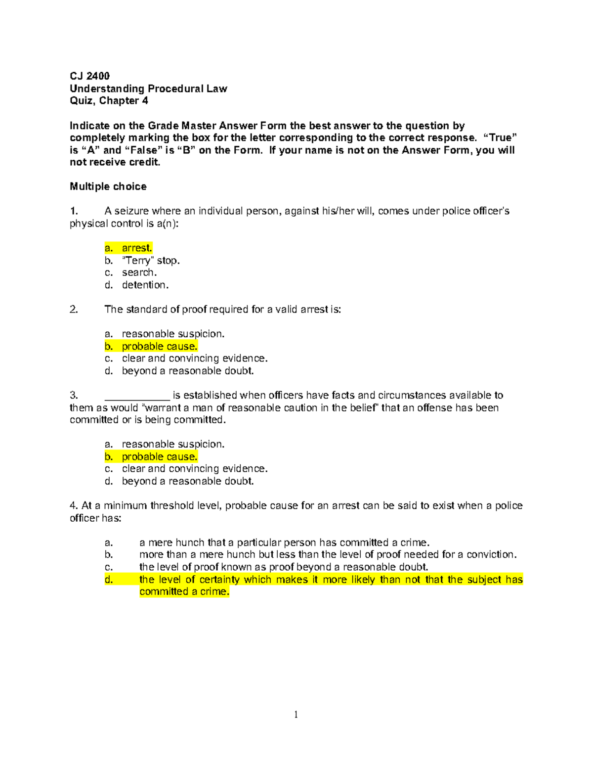 CRIM PRO QUIX CHAP 4 - Understanding Procedural Law Chap 4 Quiz Answers ...