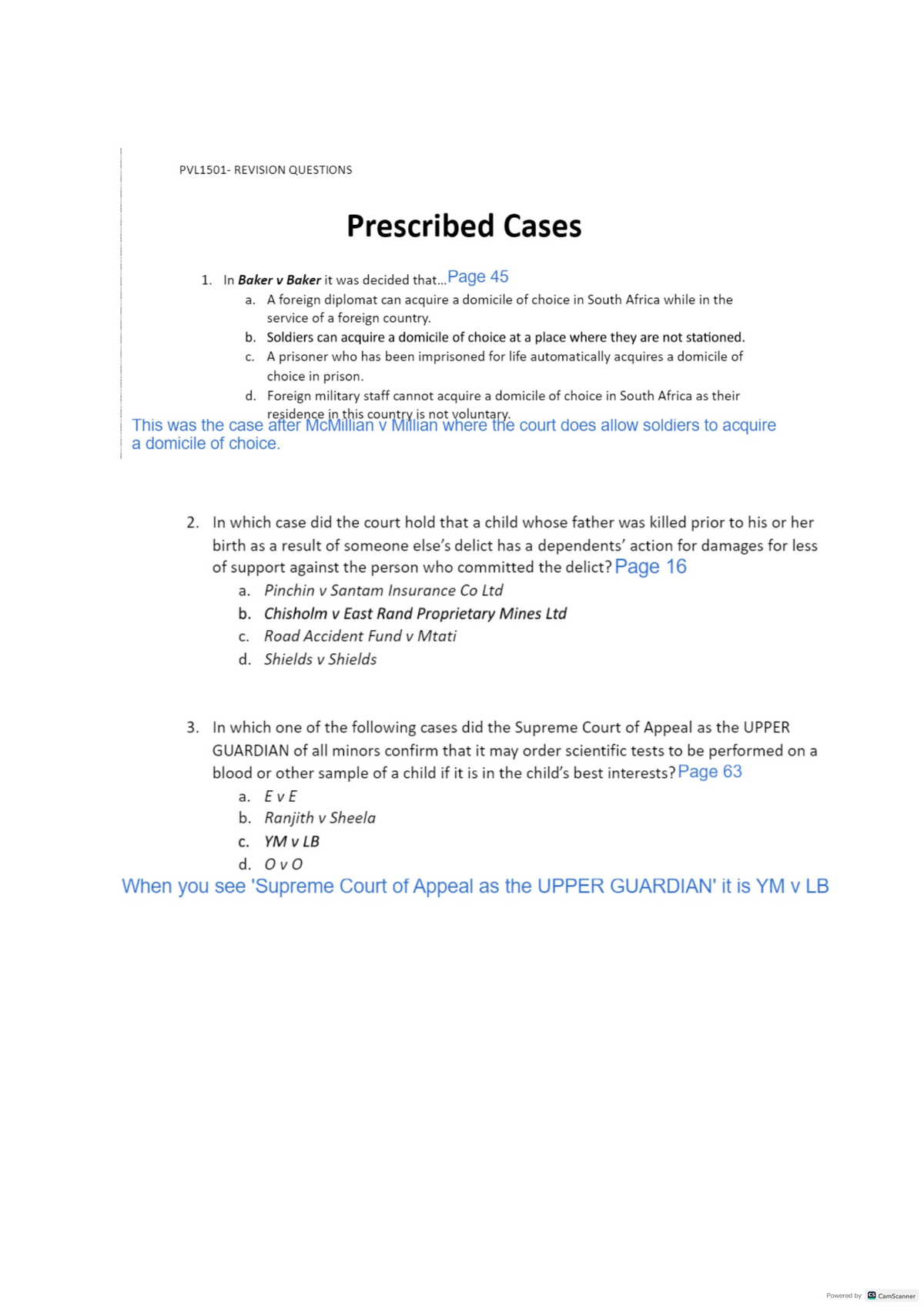 PVL1501 Cases - REVISION QUESTIONS Prescribed Cases 1. In Baker V Baker ...