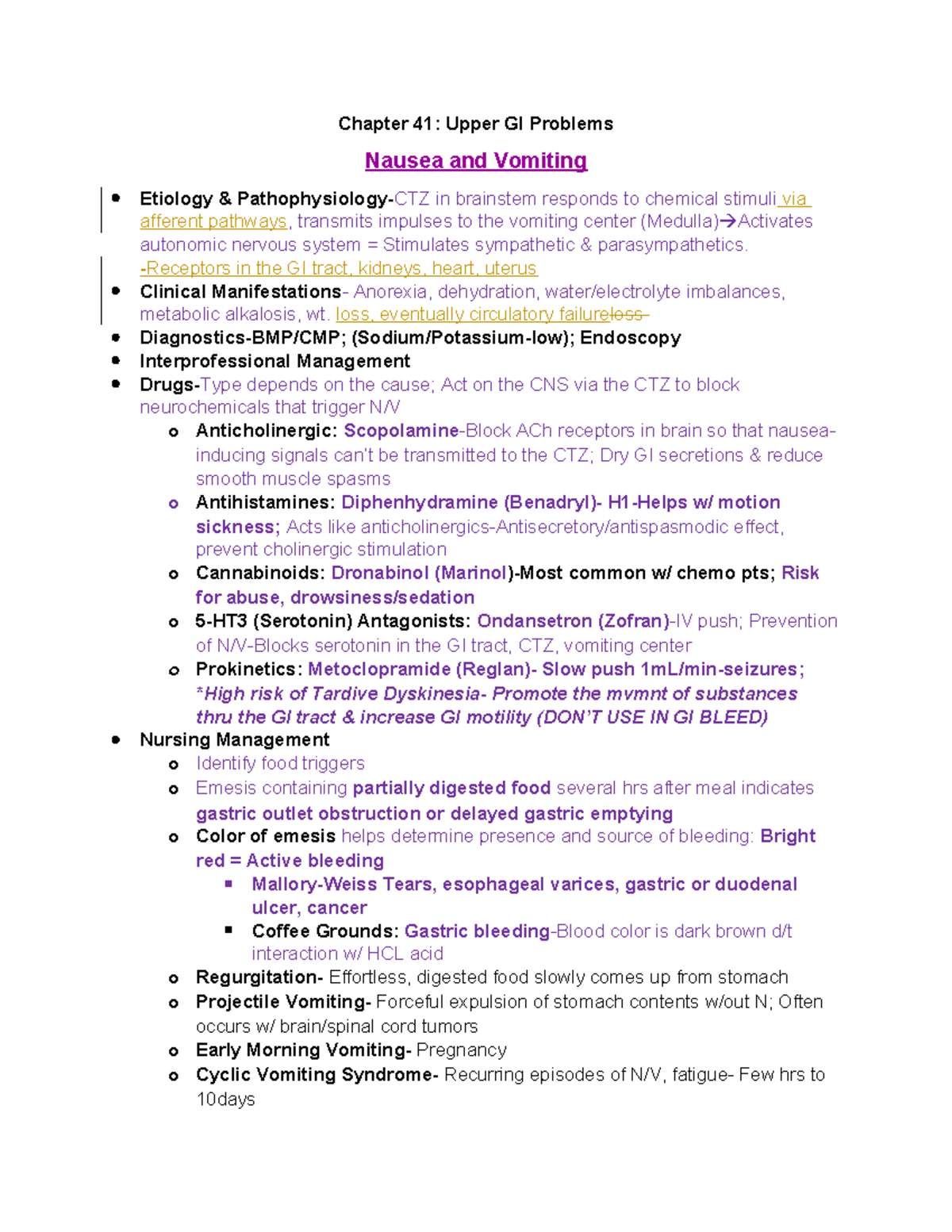 Ch. 41 Upper GI Probs Notes Chapter 41 Upper GI Problems Nausea and
