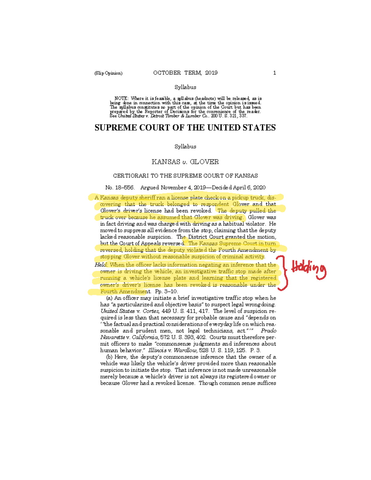 Kansas v. Glover Case (Slip Opinion) OCTOBER TERM, 2019 1 Syllabus