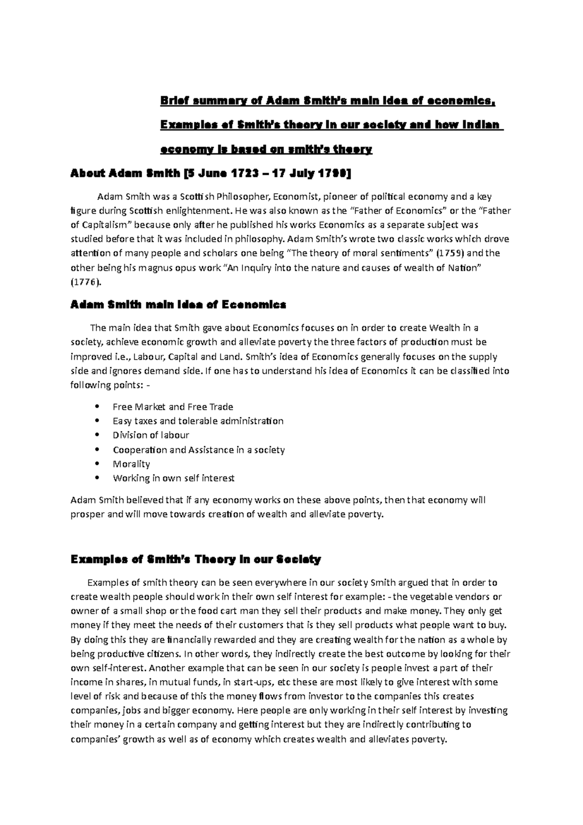 Examples of Adam Smith main Idea of Economics - International Financial ...