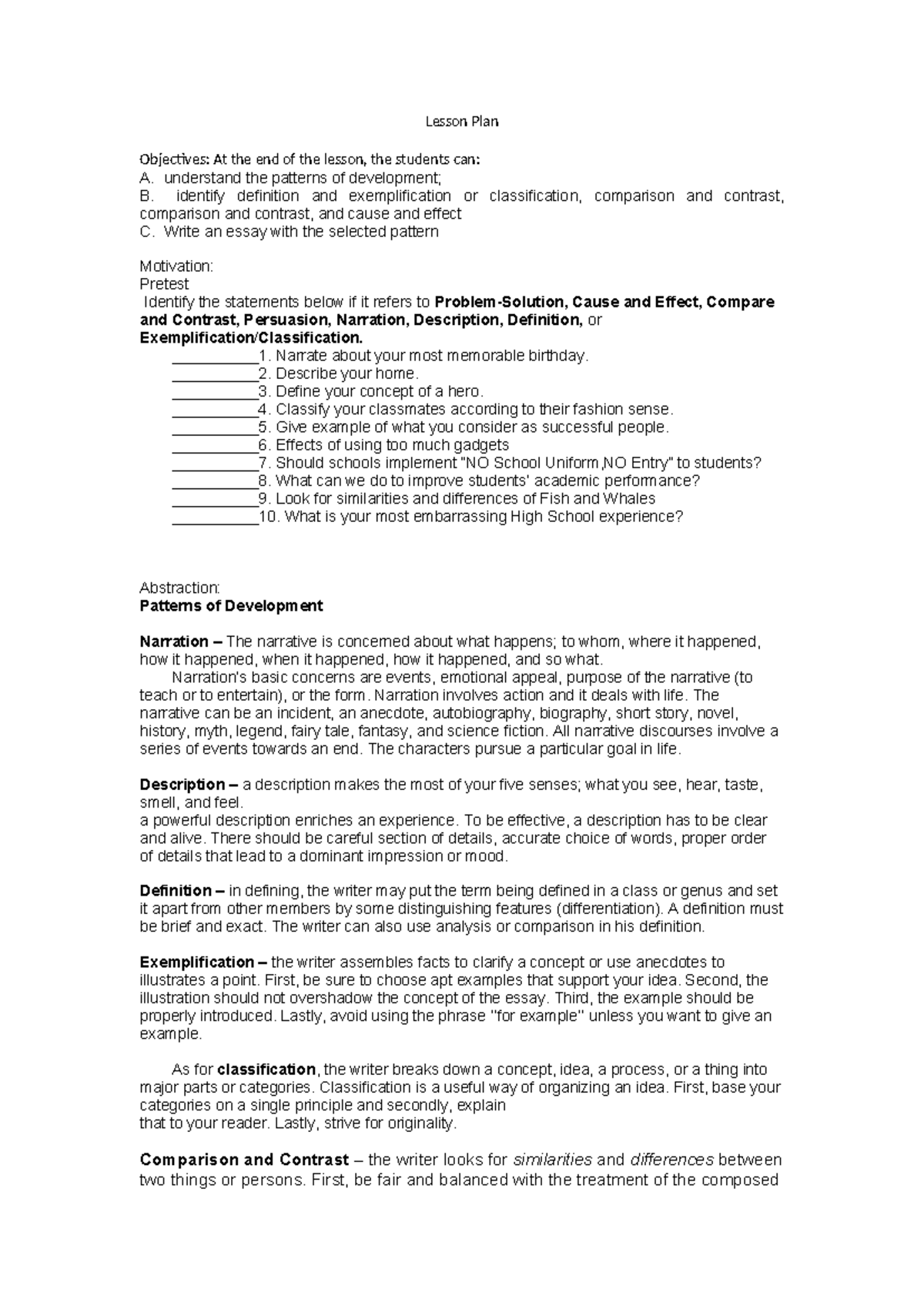 Lesson Plan patterns of development - Lesson Plan Objectives: At the ...