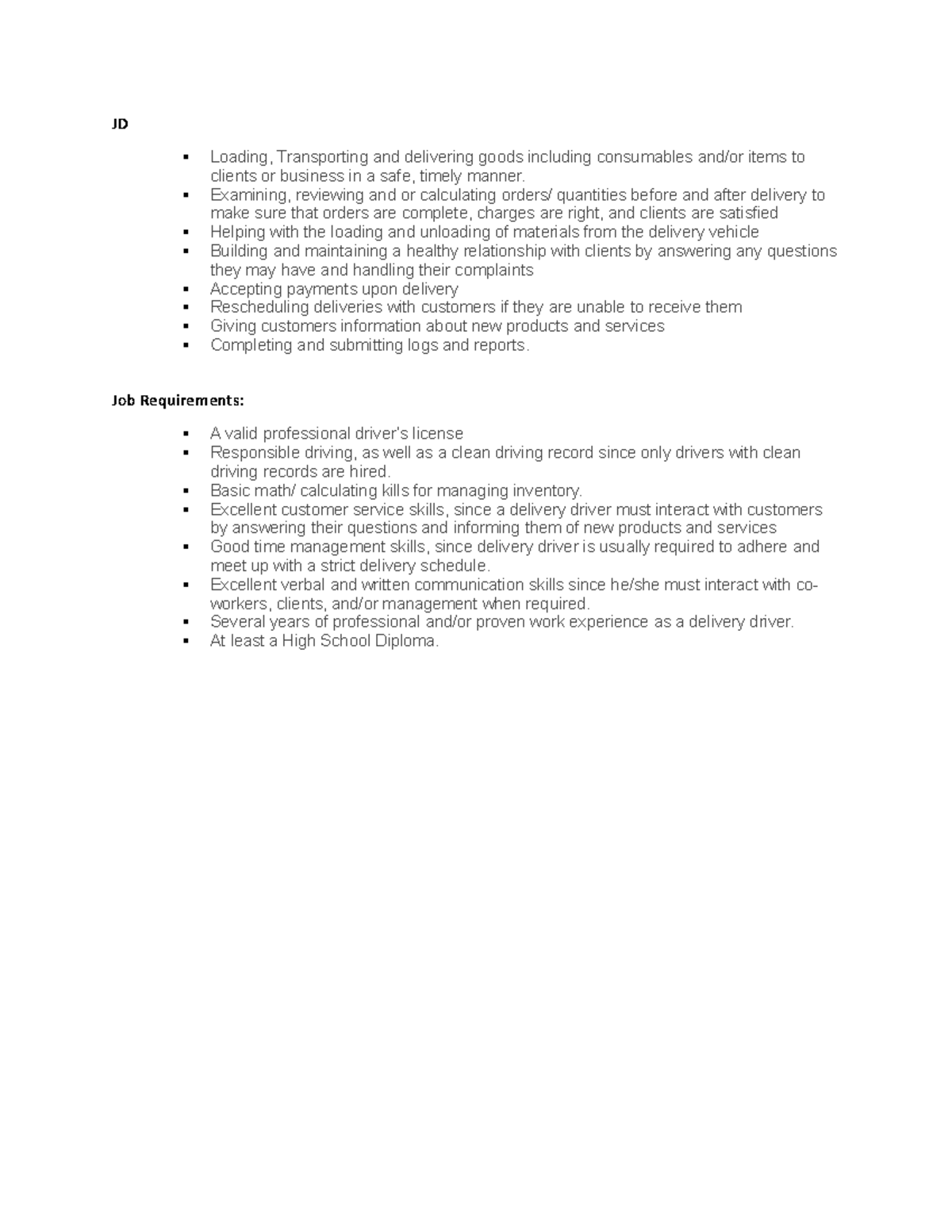 JD Assignment - JD Loading, Transporting and delivering goods including ...