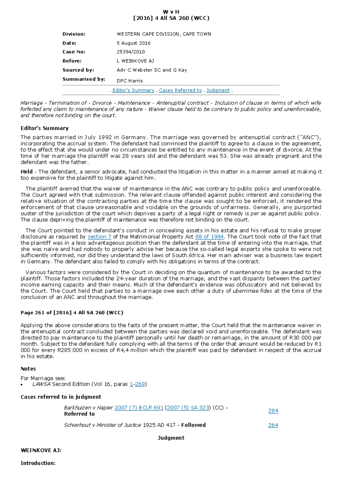 Judgement - easy to read - W v H [2016] 4 All SA 260 (WCC) Division ...