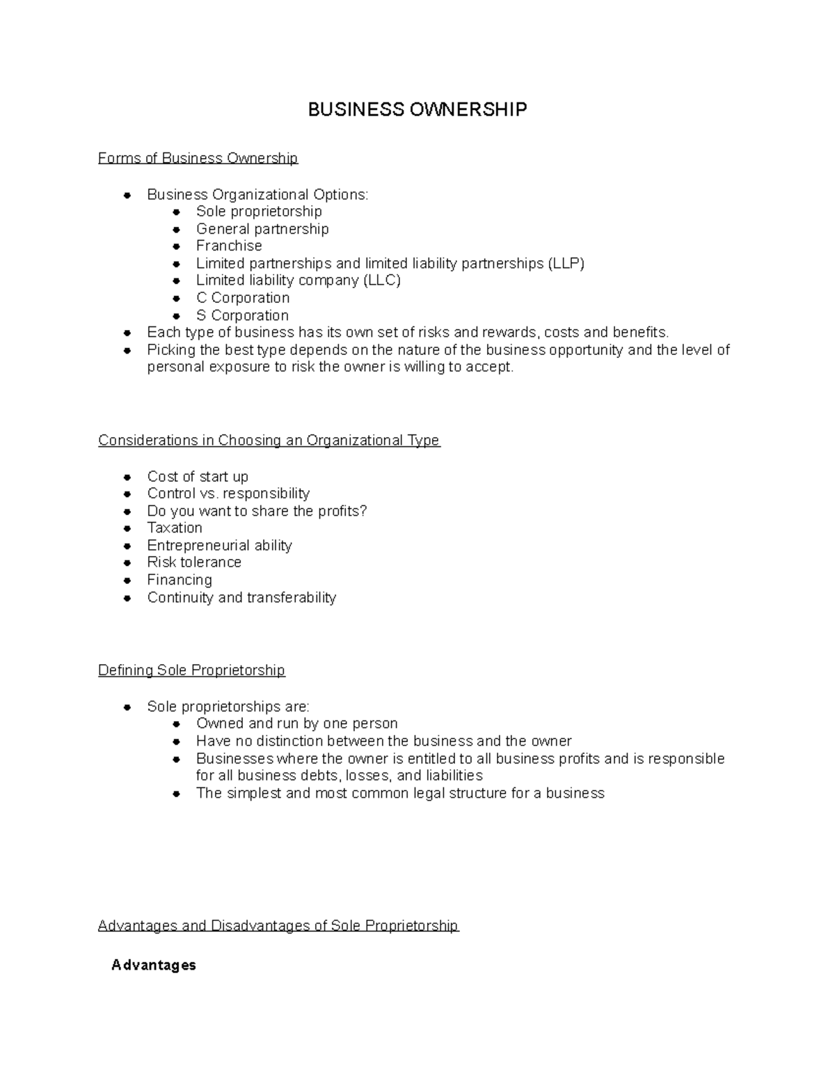 intro-to-business-chapter-7-part-1-notes-business-ownership-forms-of