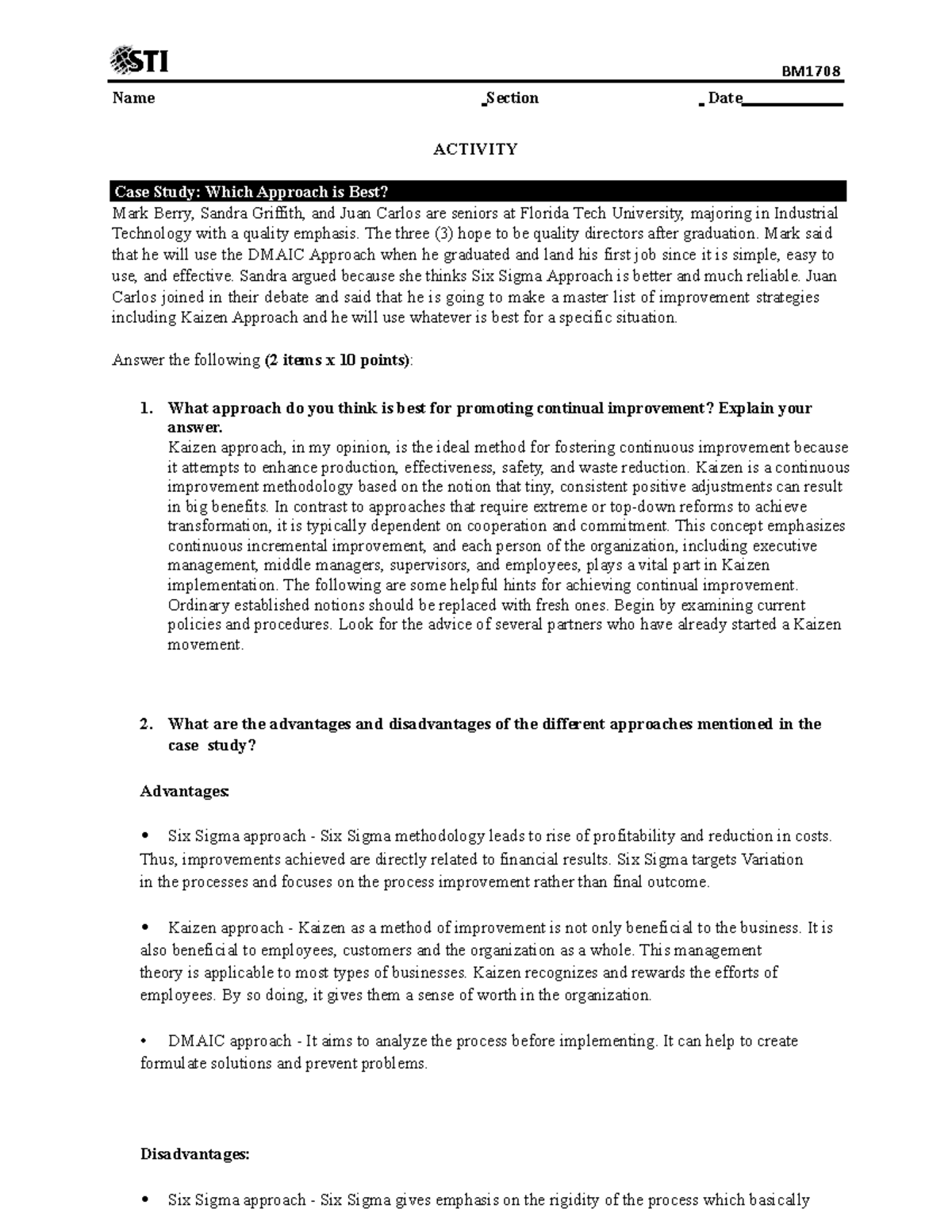 09 Activity 23 Case Study Automotive Company - Name Section Date ...