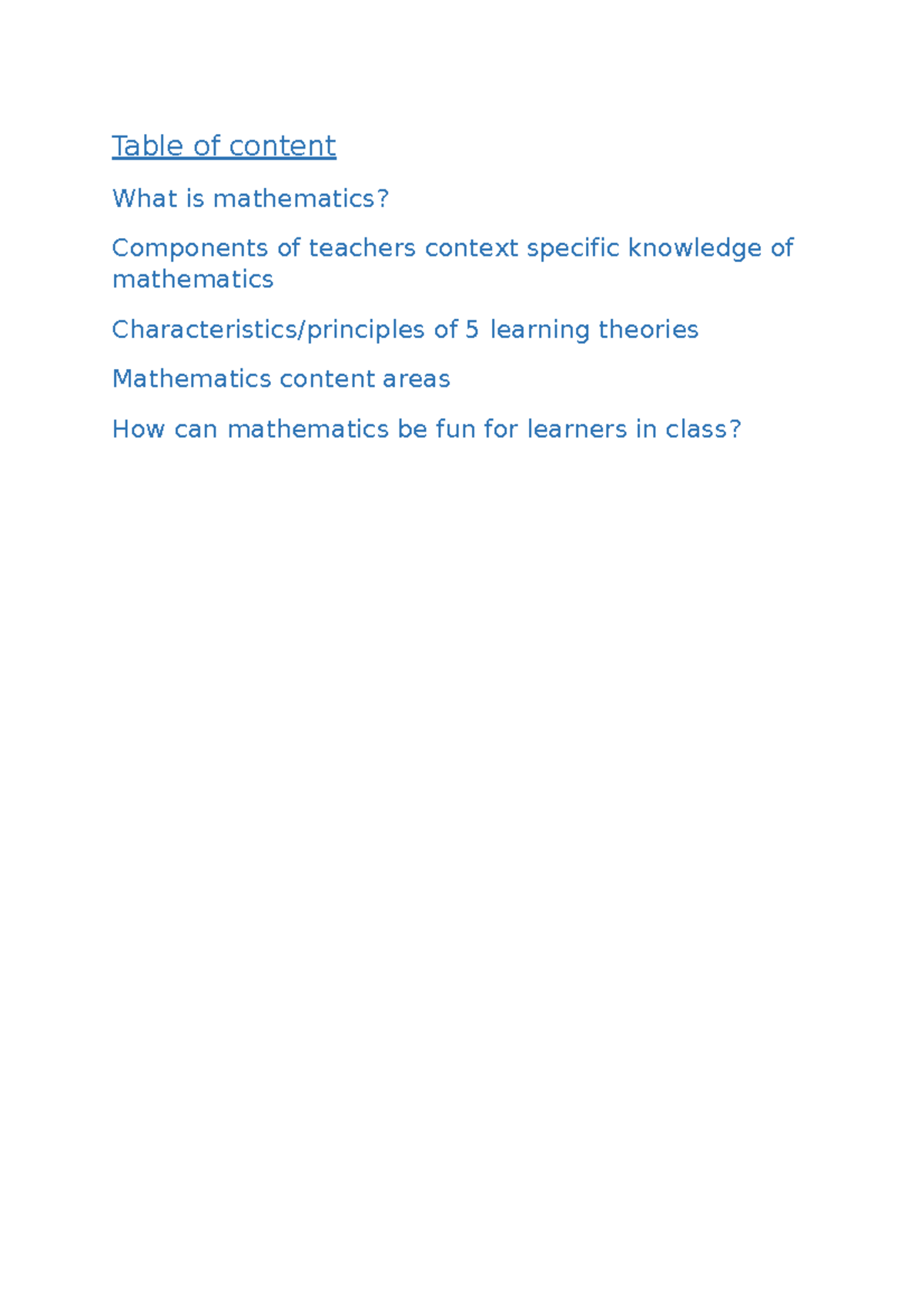 RMAT Mathematics - Table of content What is mathematics? Components of ...