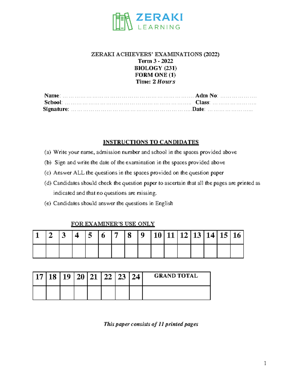 Undefined Biology FORM 1 - Question Paper - ZERAKI ACHIEVERS ...