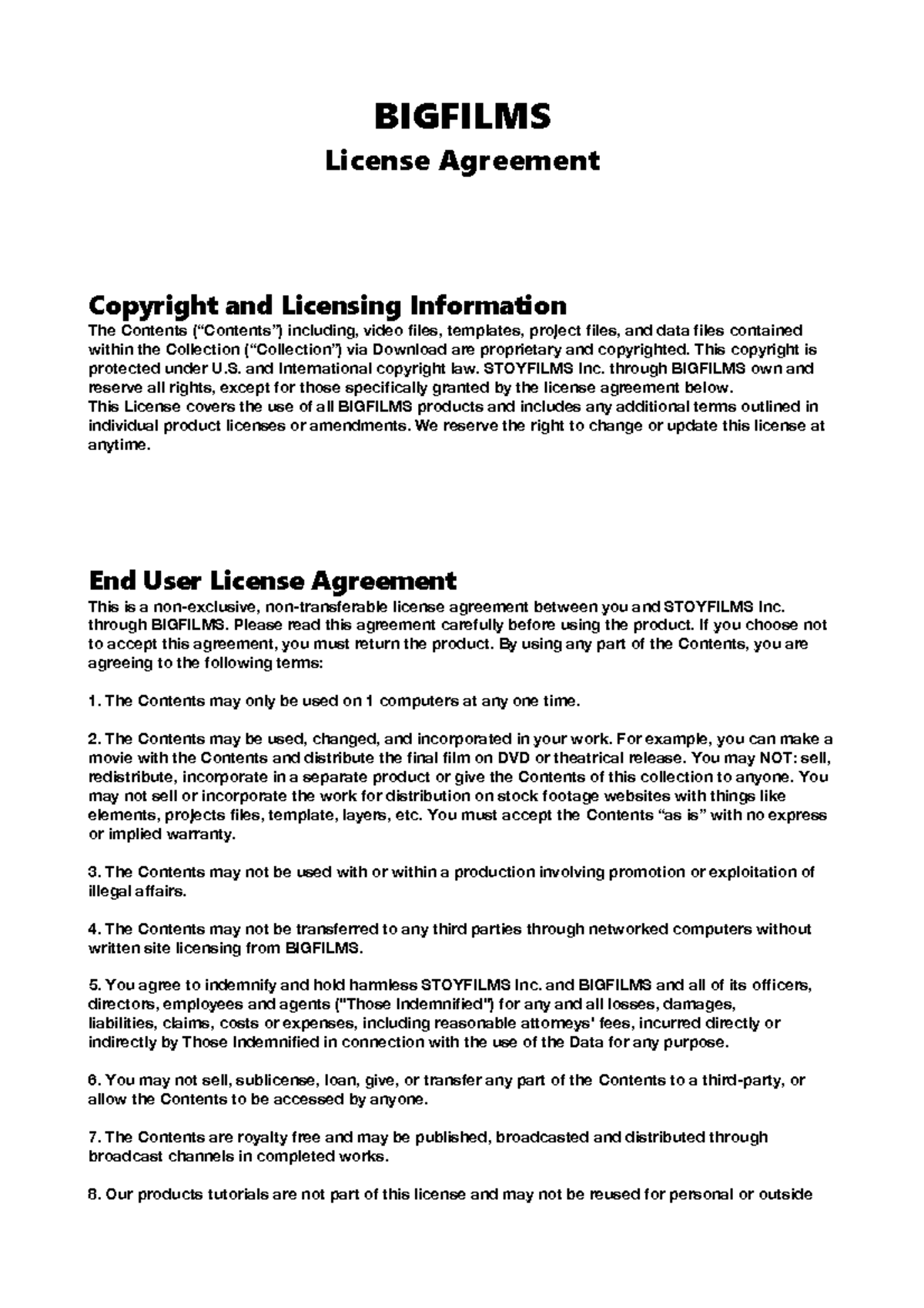 License Agreement read BIGFILMS License Agreement Copyright and