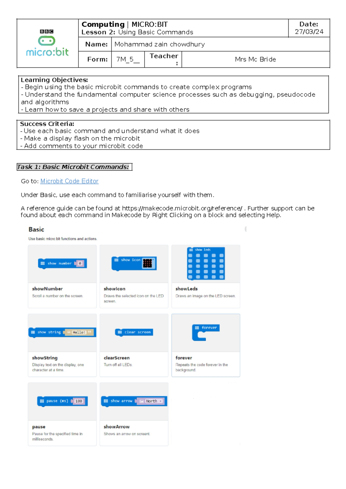 Lesson 2 - Computing | MICRO:BIT Lesson 2: Using Basic Commands Date ...
