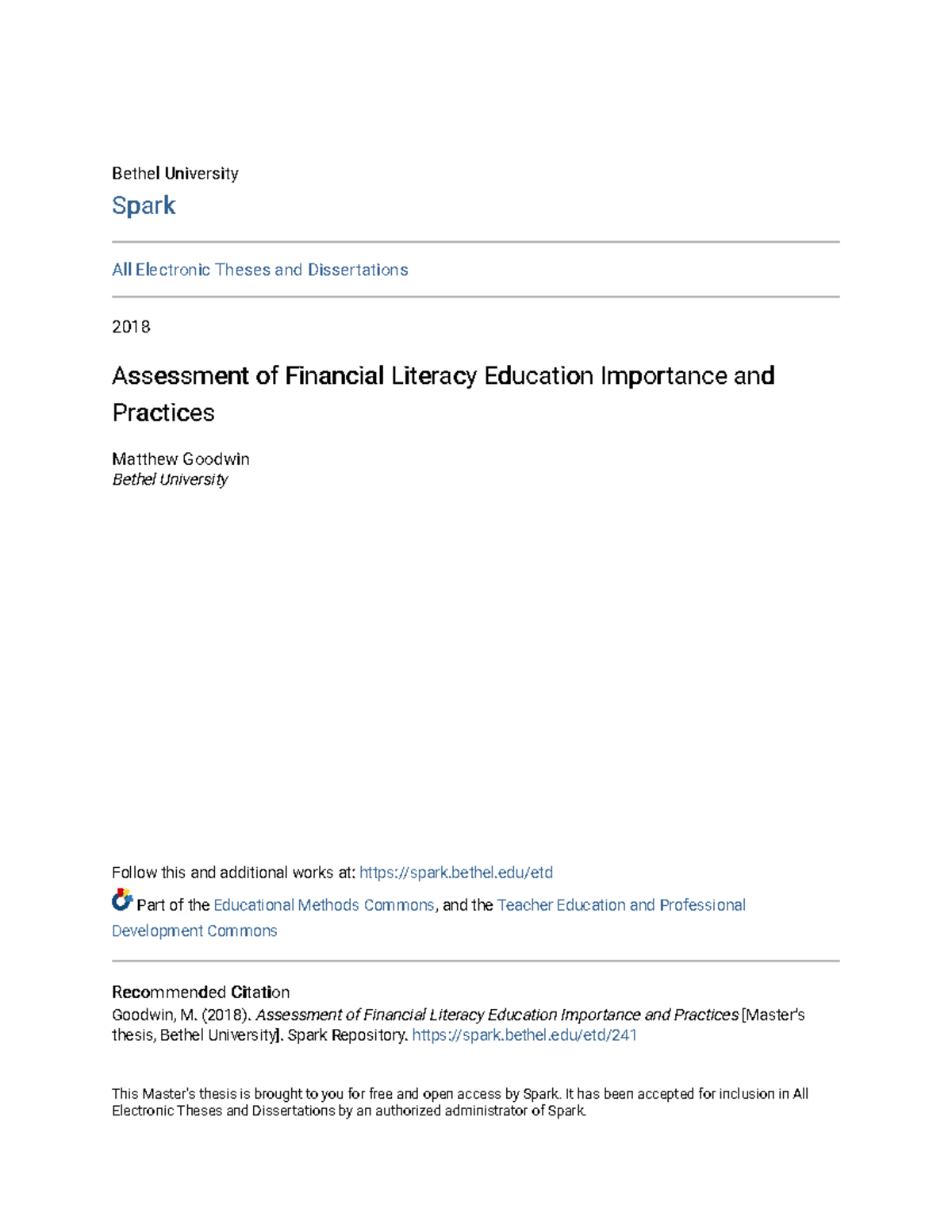 Assessment of Financial Literacy Education Importance and Practic ...