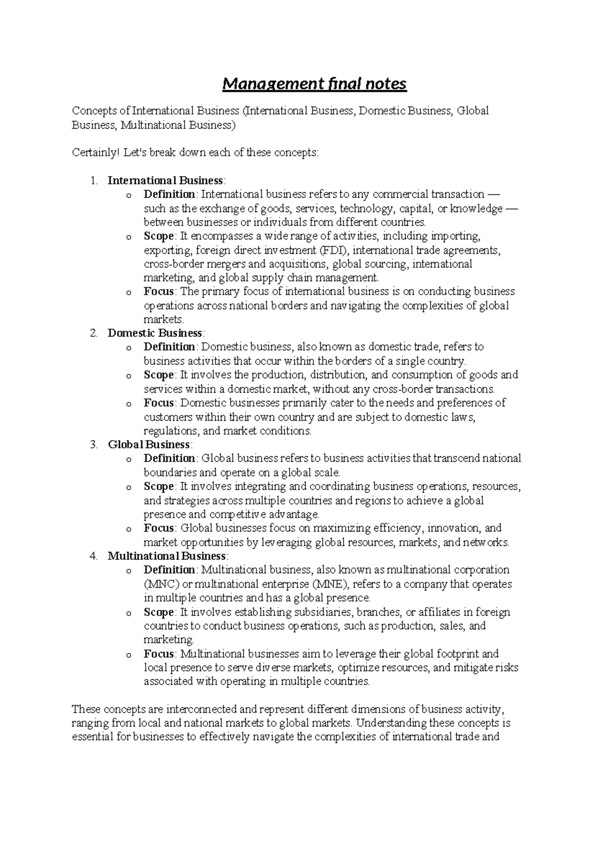 Management final notes - Management final notes Concepts of ...
