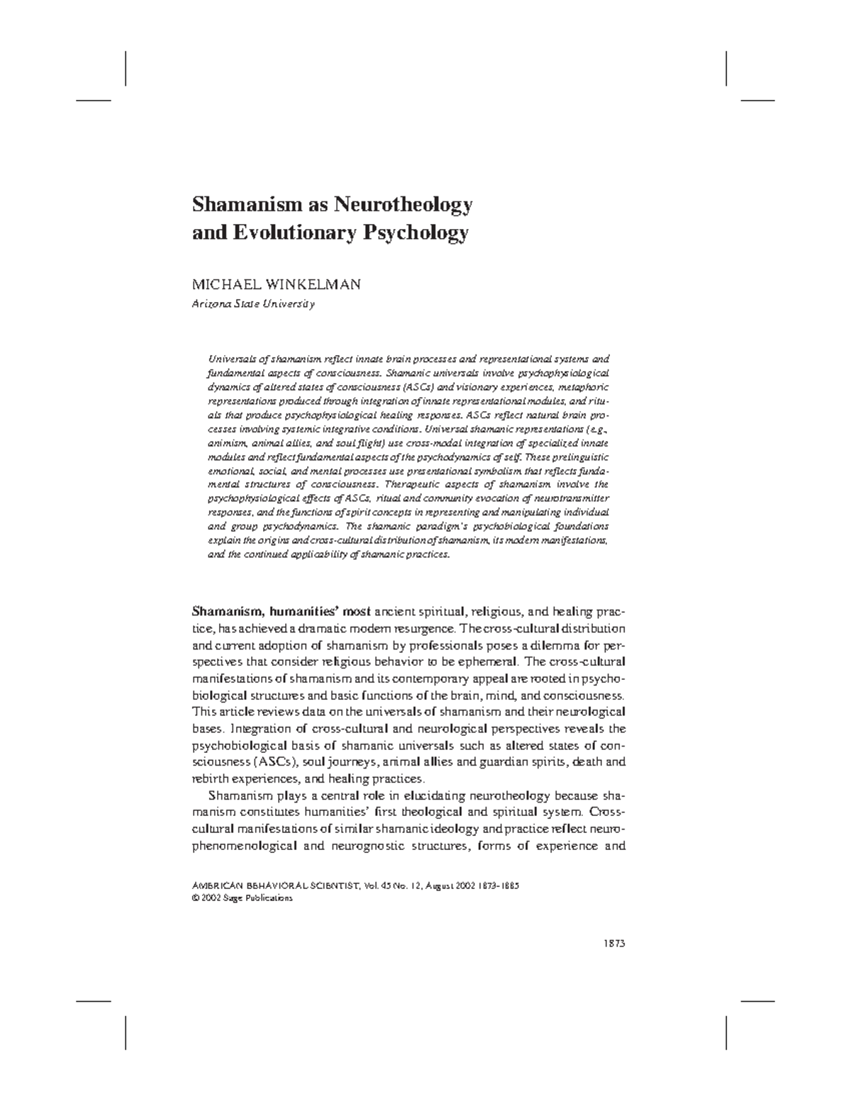 Shamanism As Neurotheology And Evolutionary Psychology - AMERICAN ...