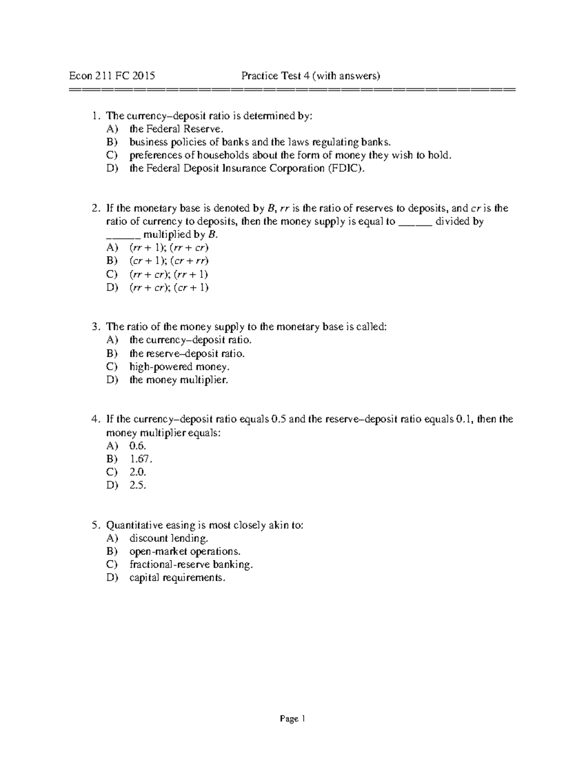 Practice Test 4 (with Answers) - Econ 211 FC 2015 Practice Test 4 (with ...