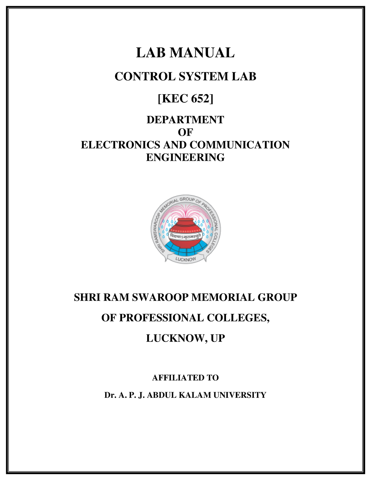 KEC-652 Control System LAB Manual - LAB MANUAL CONTROL SYSTEM LAB [KEC ...