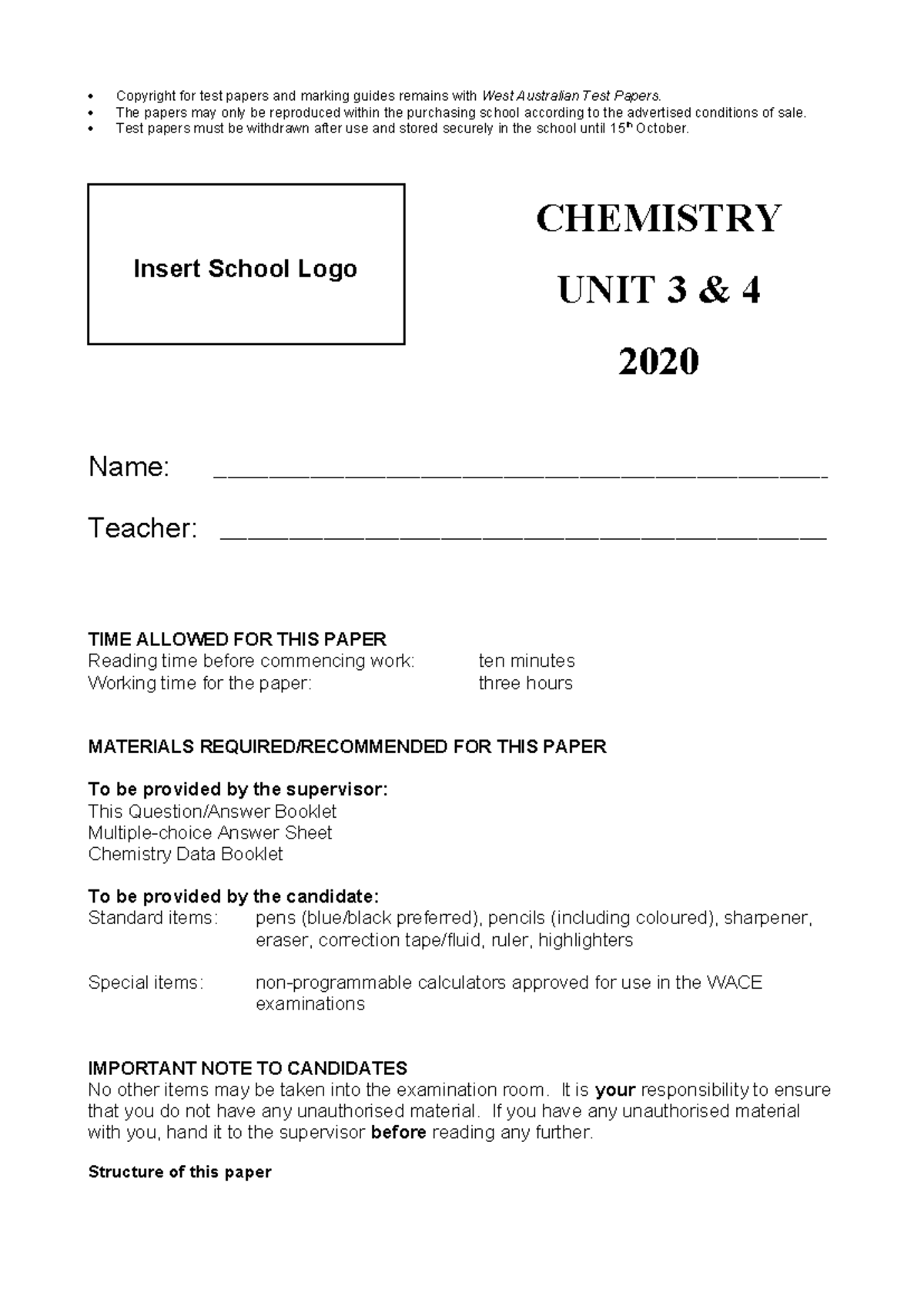 2020 chemistry unit 3 4 - Chem Exam Practice - Copyright for test ...