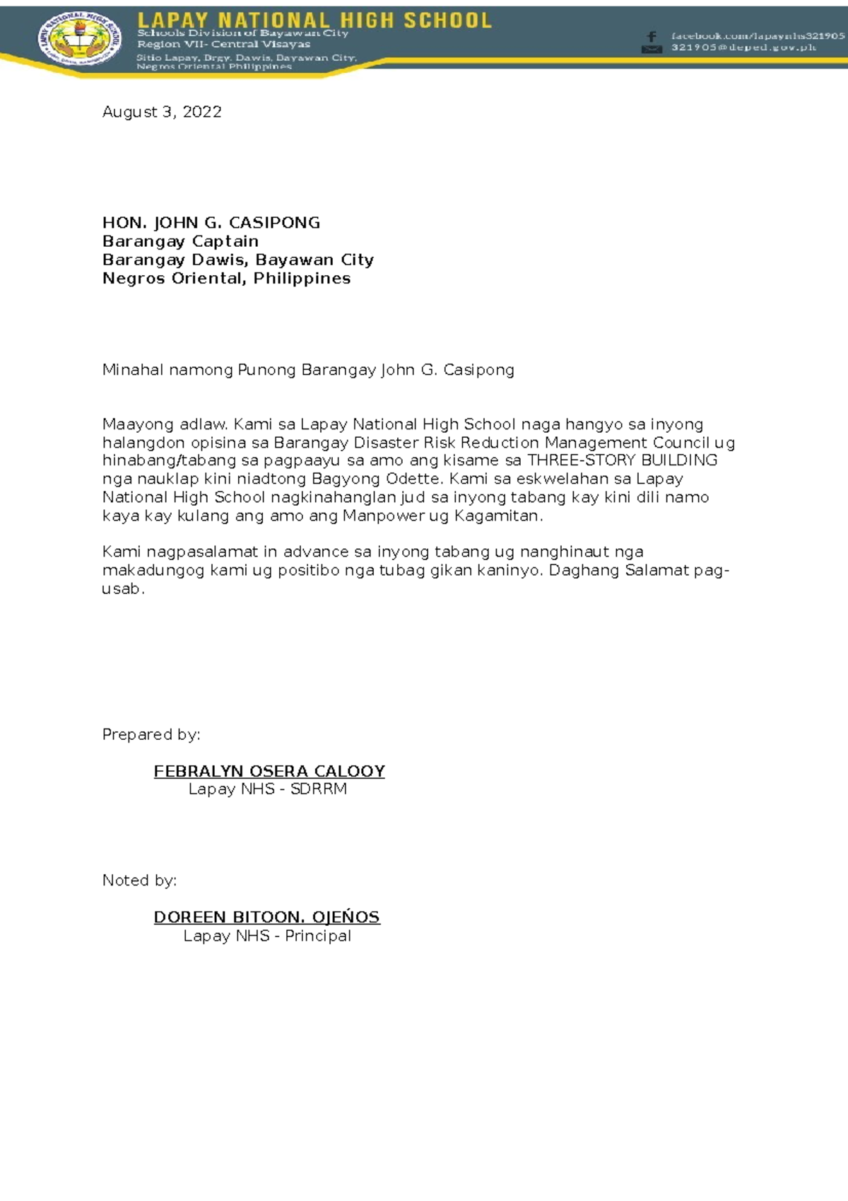 Request Letter FROM BRGY 2 August 3, 2022 HON. JOHN G. CASIPONG