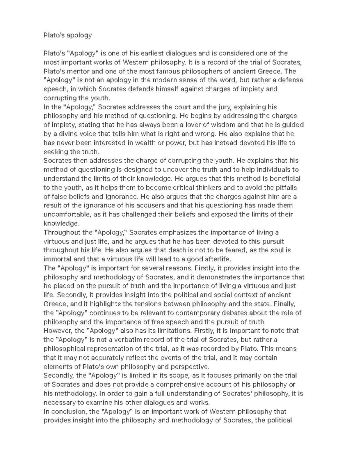 Plato’s apology notes Plato’s apology Plato's "Apology" is one of his earliest Studocu