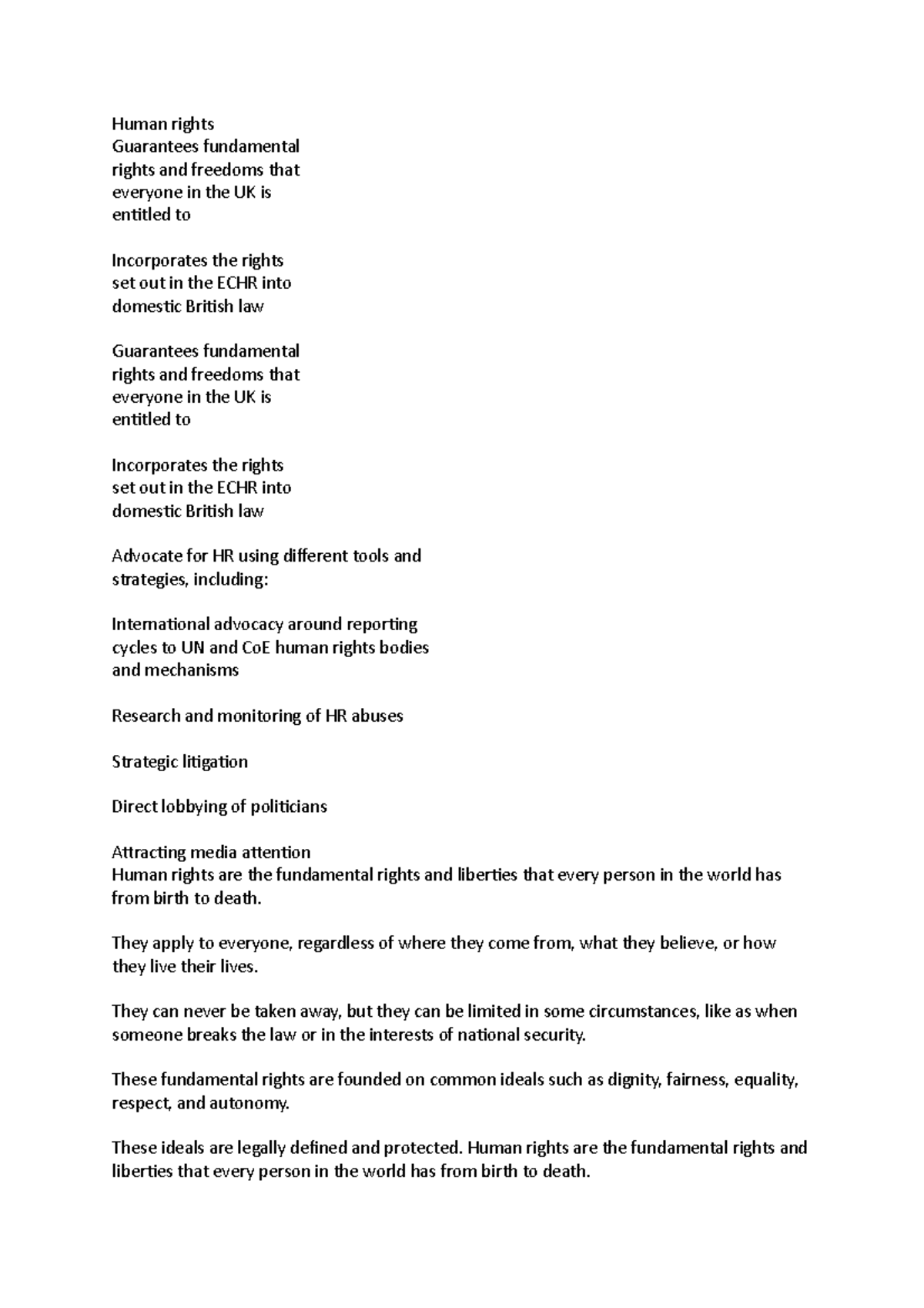 Human Rights - notes - 14515 - BCU - Studocu