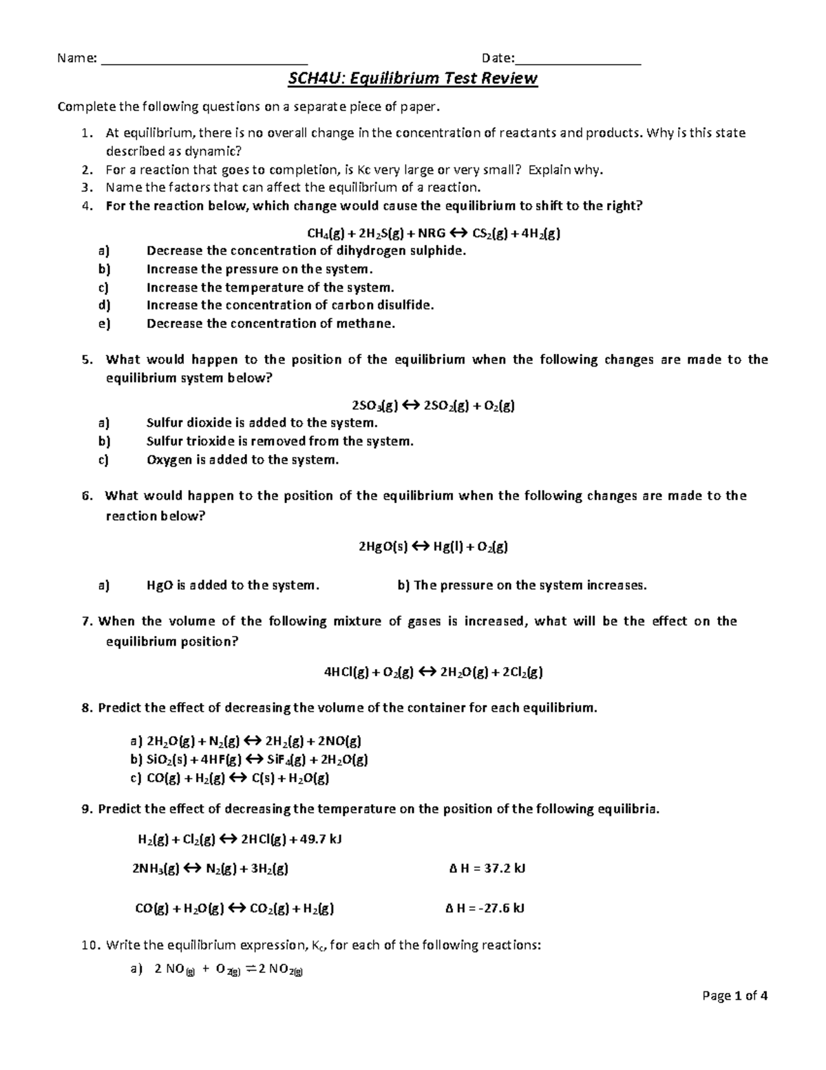 Equilibrium test review - SCH4U: Equilibrium Test Review Complete the ...