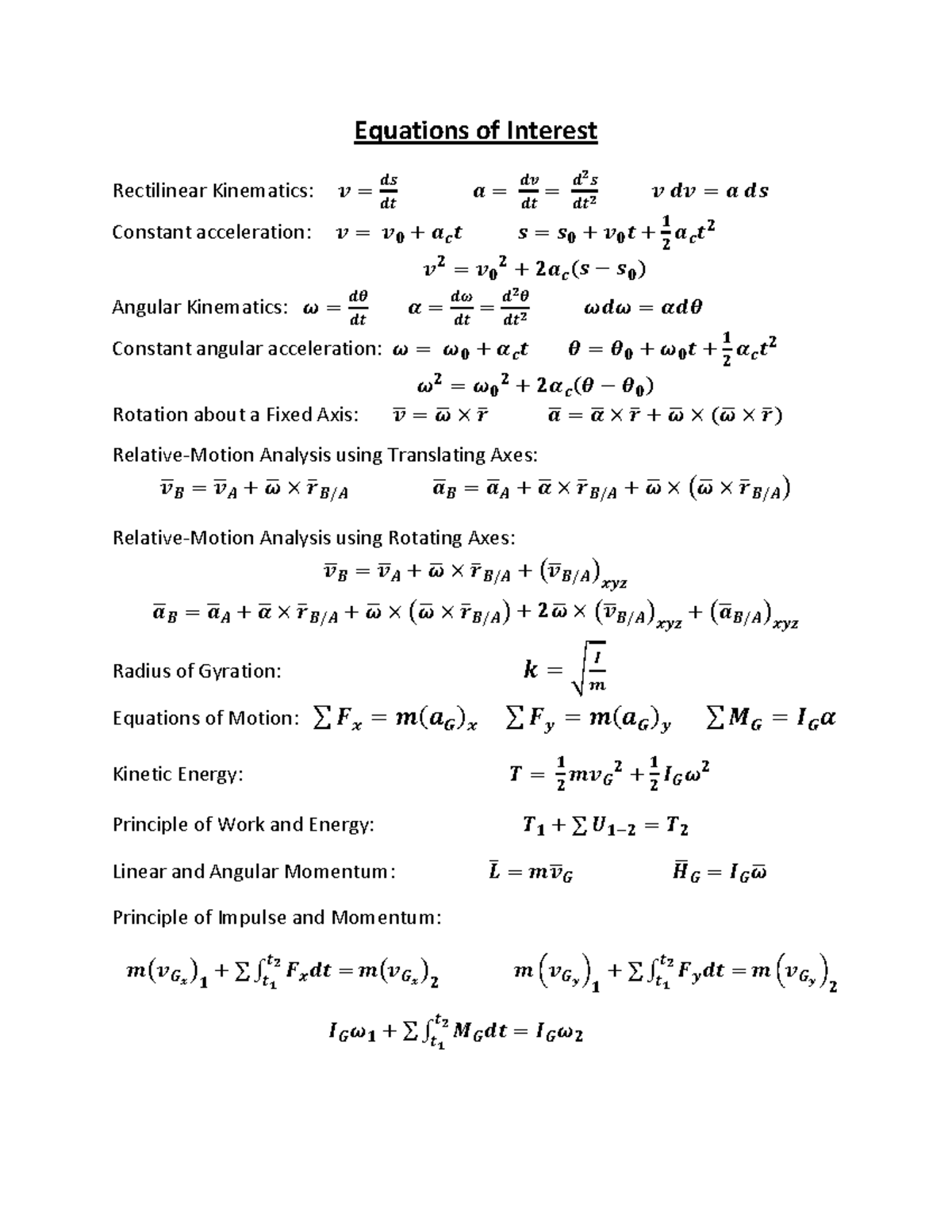 Final Exam Equations of Interest - Equations of Interest Rectilinear ...