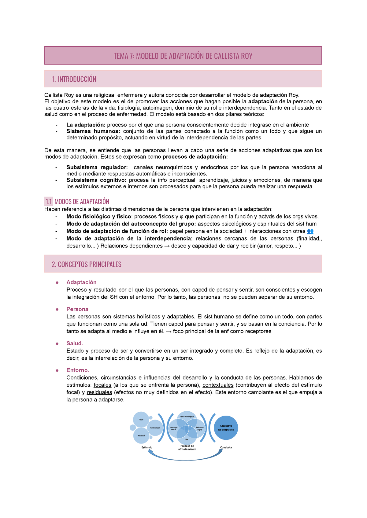 TEMA 7: Modelo de Adaptación de Callista Roy - TEMA 7: MODELO DE ADAPTACIÓN  DE CALLISTA ROY 1. - Studocu