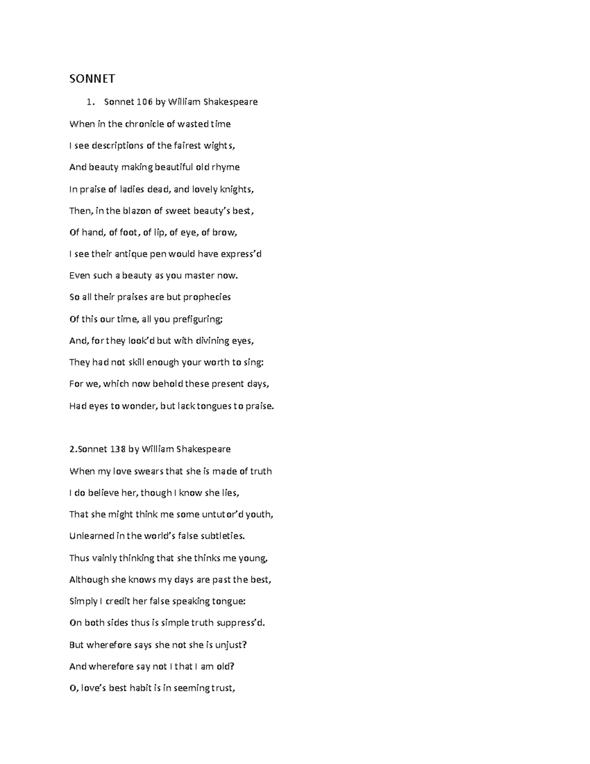 Trisha - It is an example of essay - SONNET Sonnet 106 by William ...