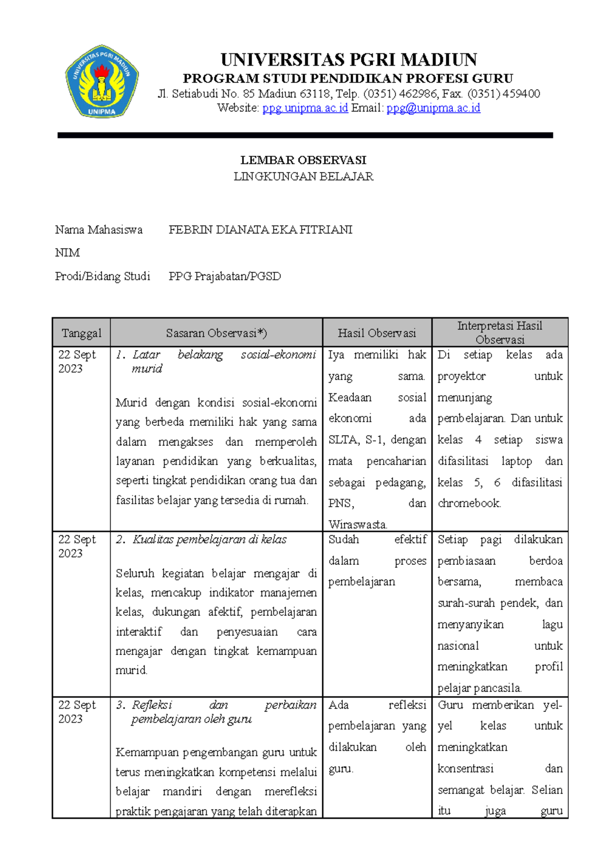 Mhs 03 Format Lembar Observasi Lingkungan Belajar Di Sekolah