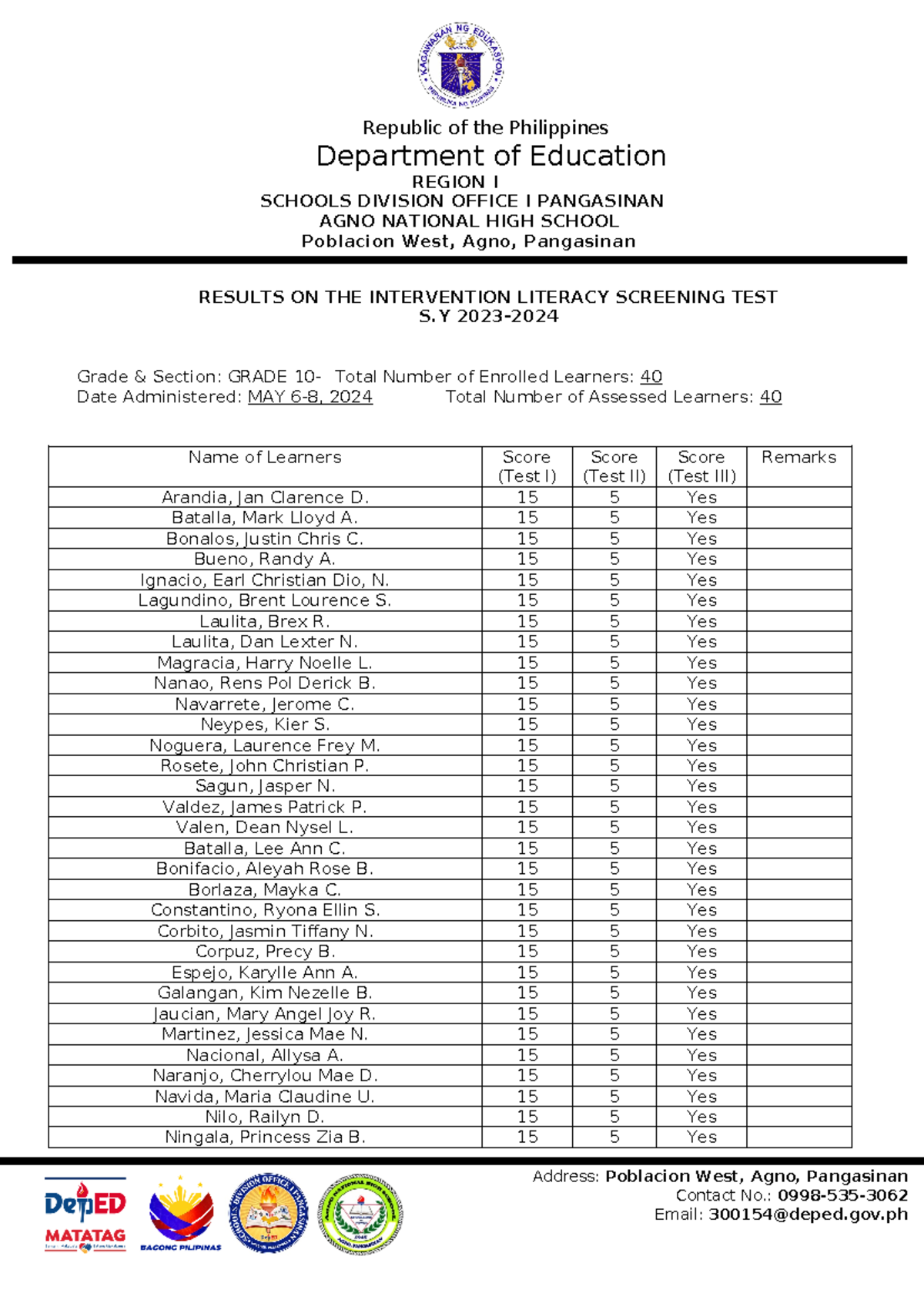Ares - list of athena screening test results - Republic of the ...