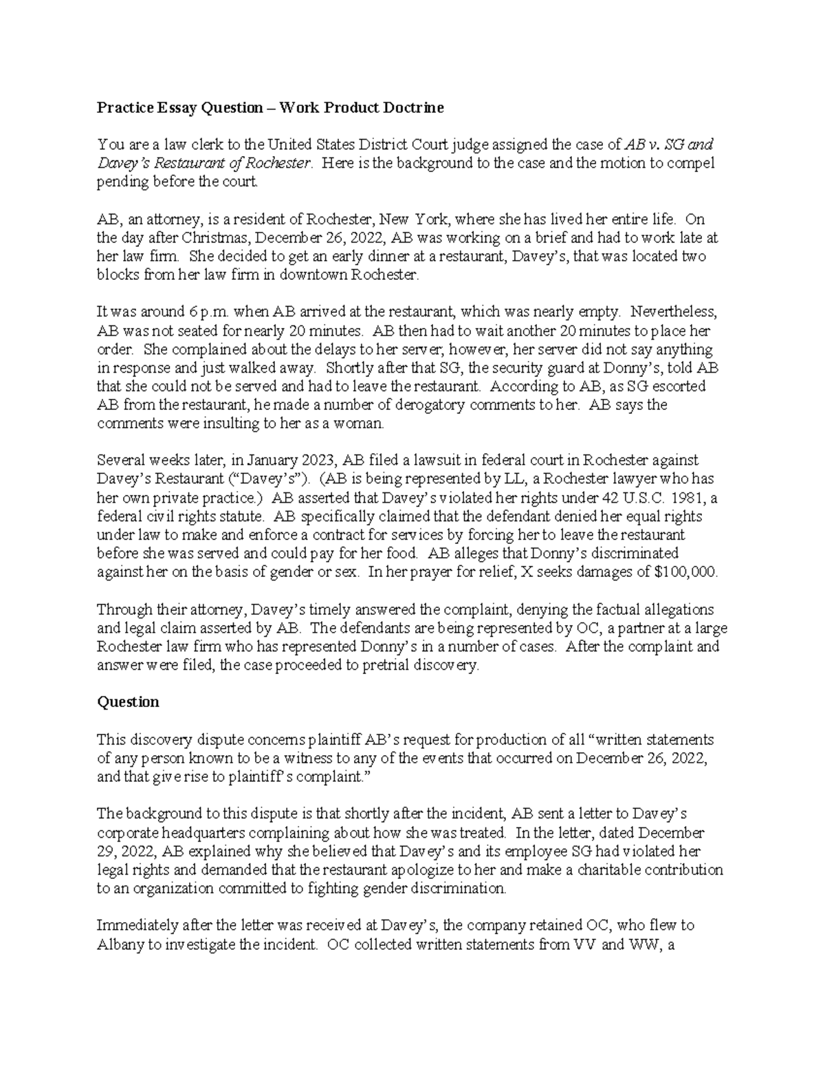 2024 Work Product Practice Essay Q - Practice Essay Question – Work ...