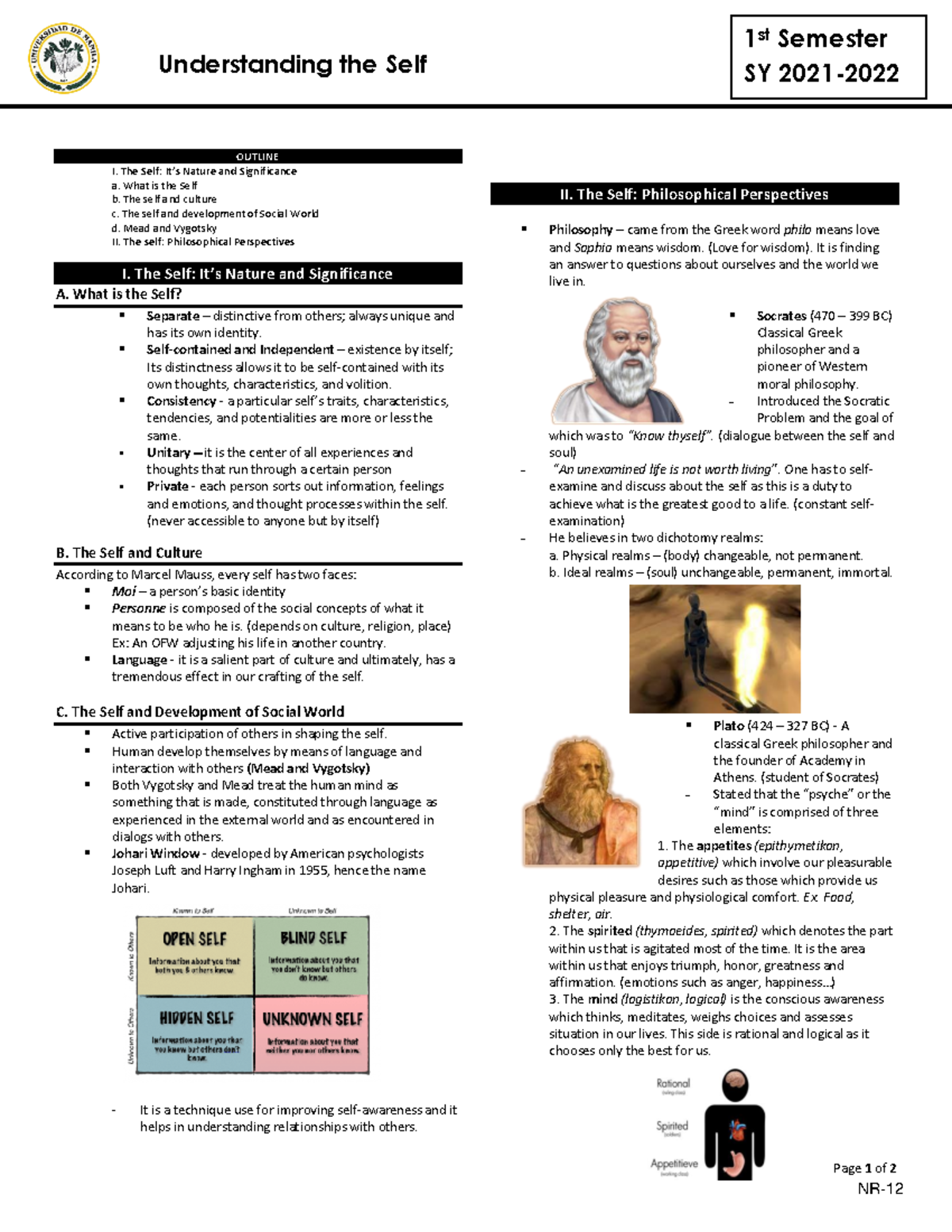 Understanding The Self Reviewer Page 1 Of 2 Understanding The Self 1 