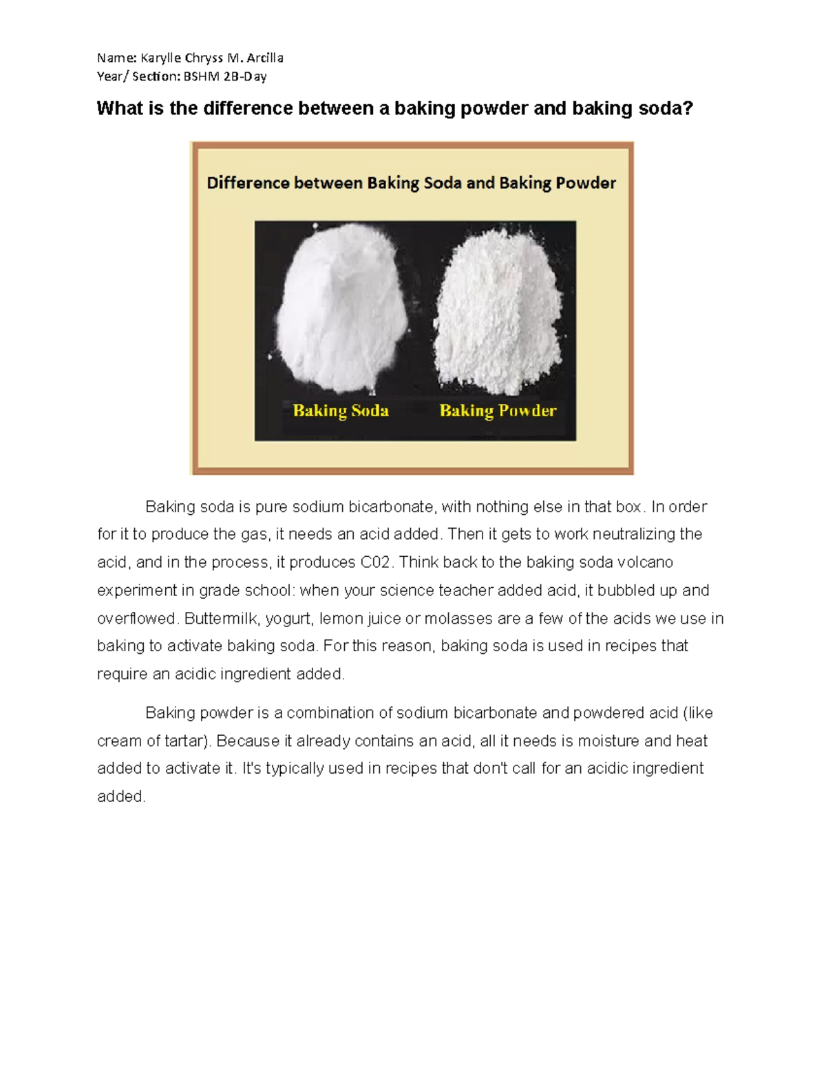 Difference of Baking Powder and Baking Soda Name Karylle Chryss M