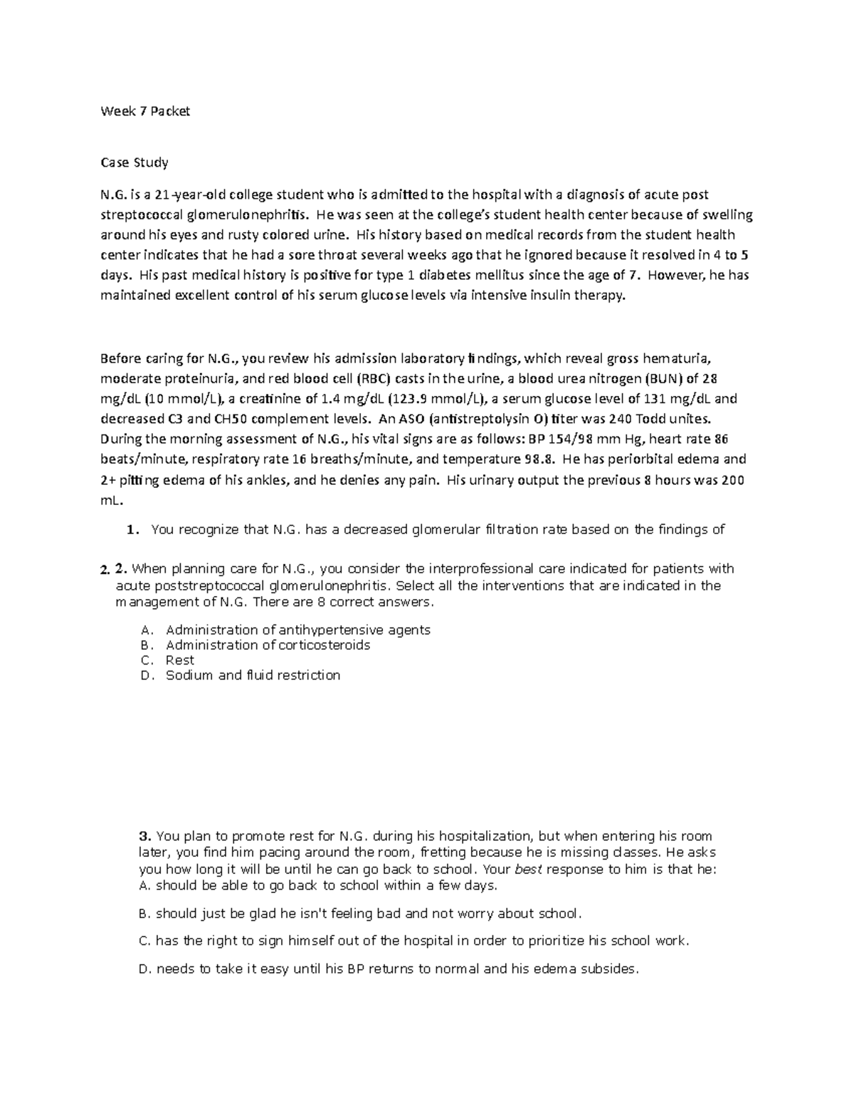 Glomerulonephtritis Case Study Week 7 Packet Case Study N Is A 21