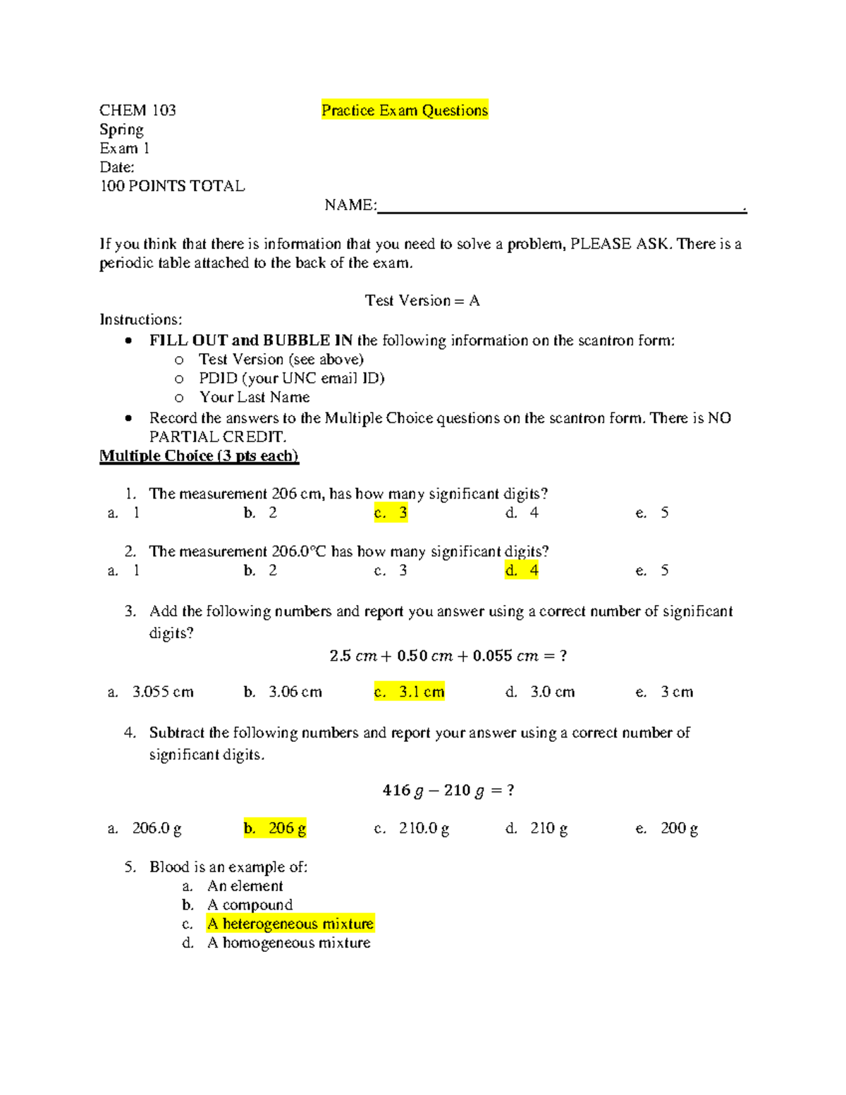 Practice Exam answers - CHEM 103 Practice Exam Questions Spring Exam 1 ...