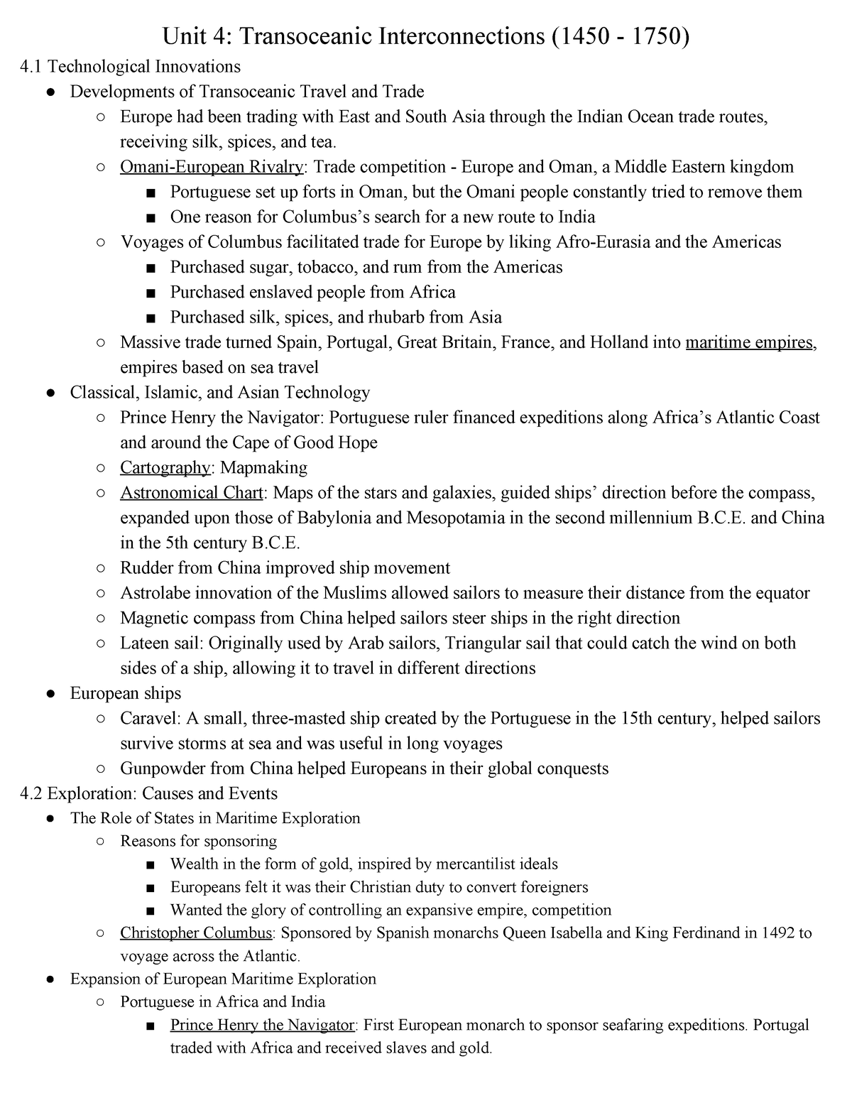 4 AP World History Review Unit 4 Transoceanic Interconnections (1450