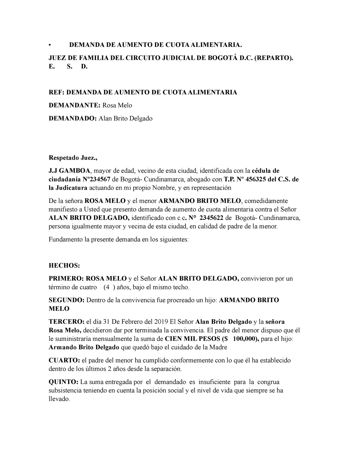 Demanda DE Aumento DE Cuota Alimentaria JUAN JOSE Gamboa • DEMANDA