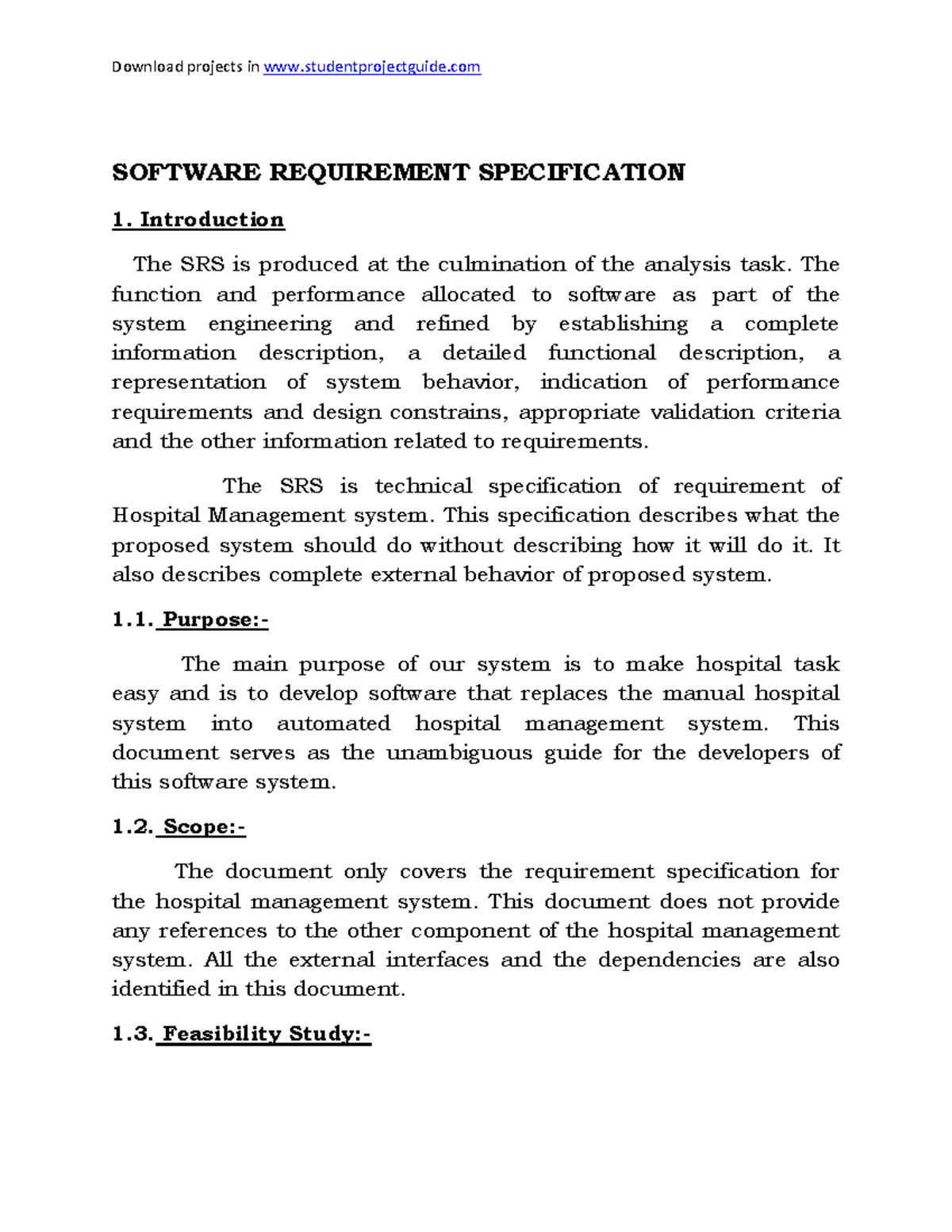 Hostpital management system srs - SOFTWARE REQUIREMENT SPECIFICATION 1 ...