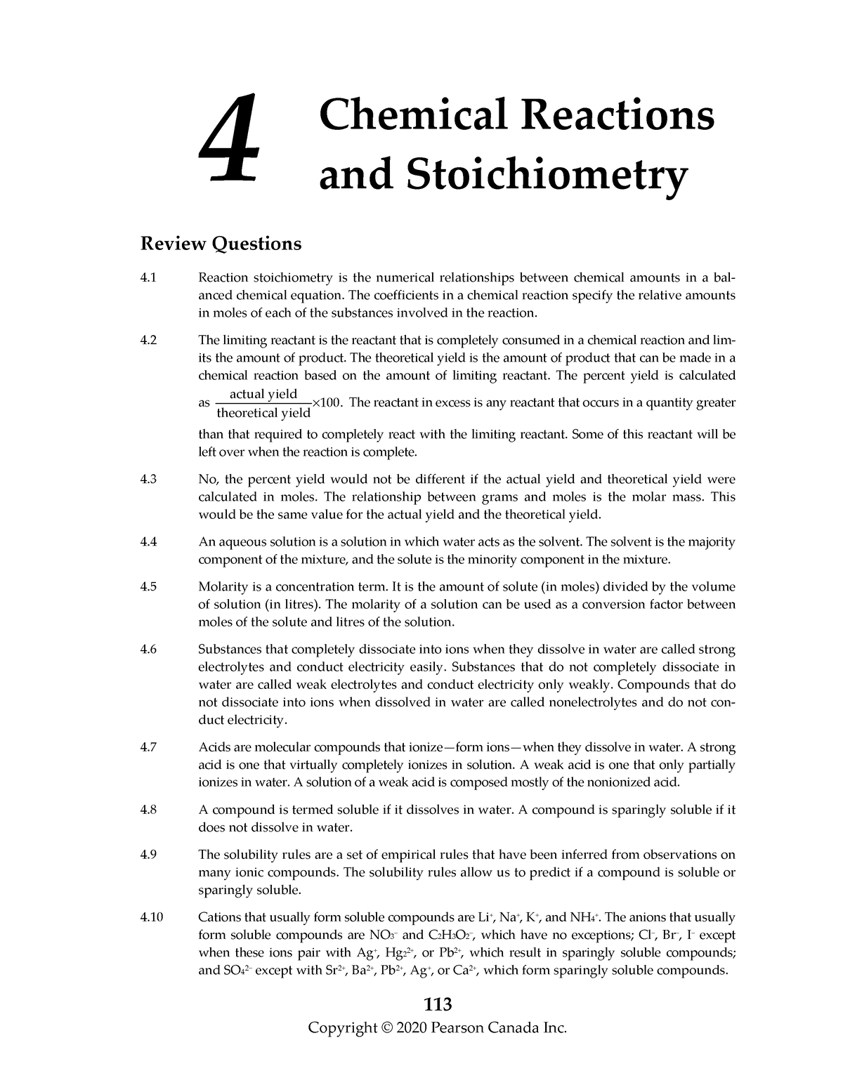 Solutions To Chapter 4 Stoichiometry 113 Copyright © 2020 Pearson Canada Inc Review 5071