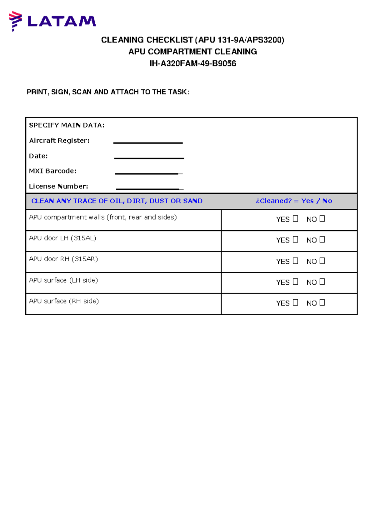 Cleaning Inspection Checklist FORM - CLEANING CHECKLIST (APU 131-9A ...