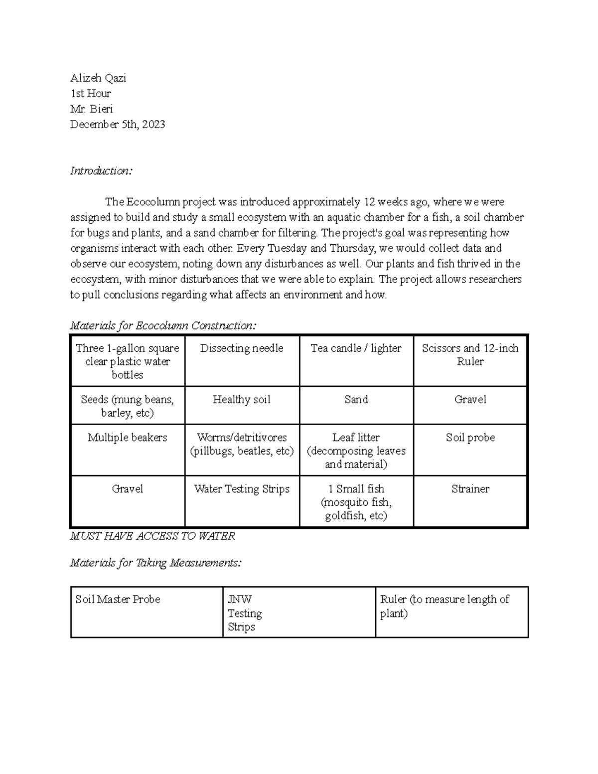 Ecocolumn report 1 - Alizeh Qazi 1st Hour Mr. Bieri December 5th, 2023 ...