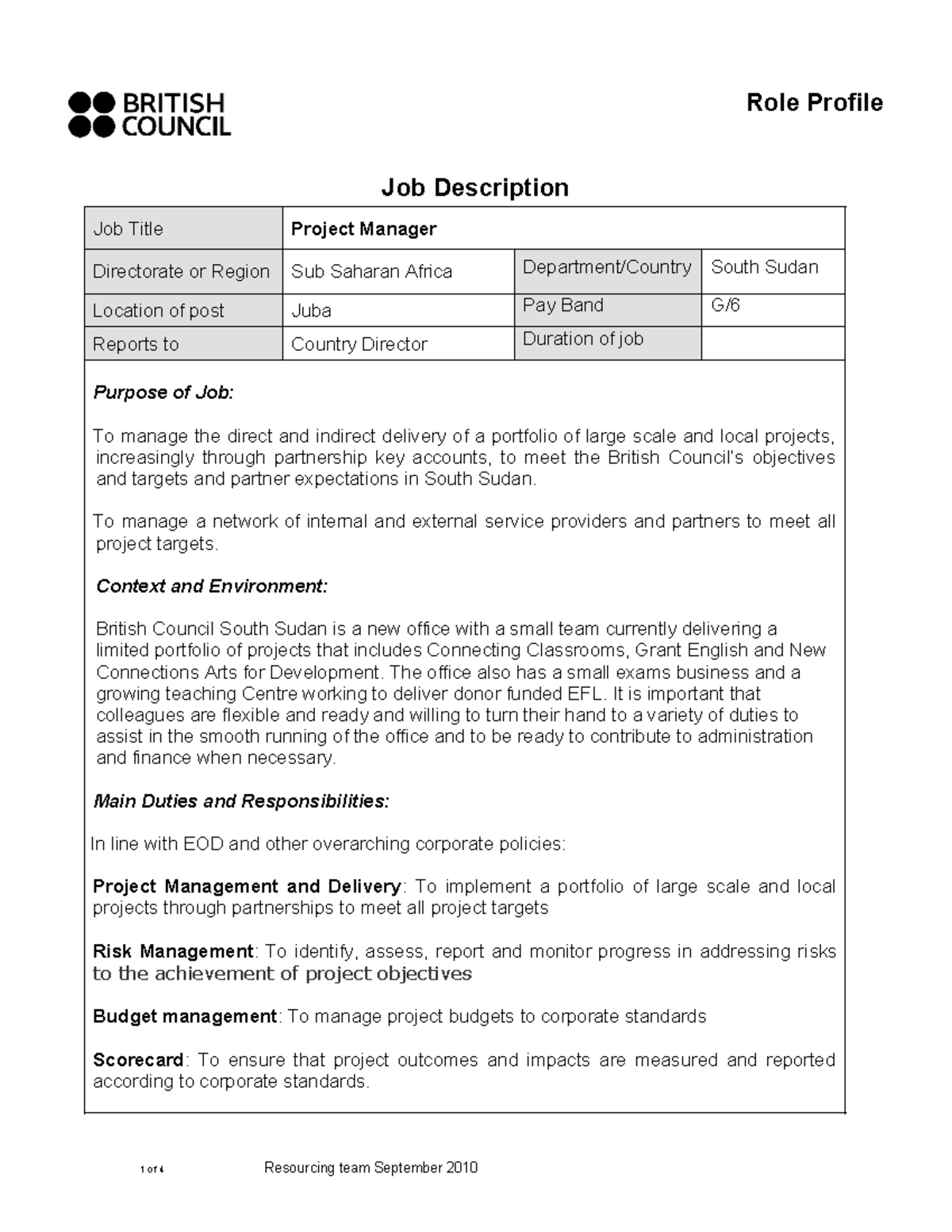 Role Profile - Project Manager - Role Profile Job Description Job Title ...